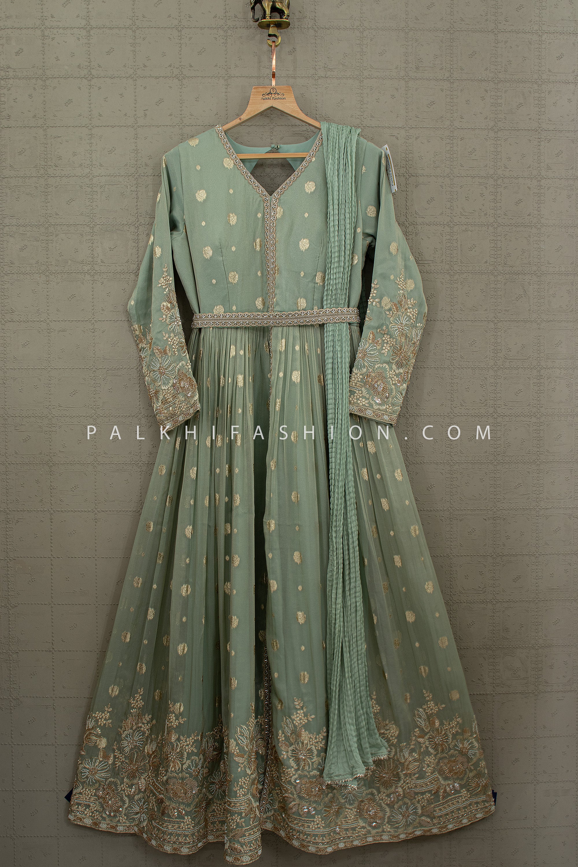 Regal Meadow | Sage Embroidered Fusion Ensemble | Palkhi Fashion