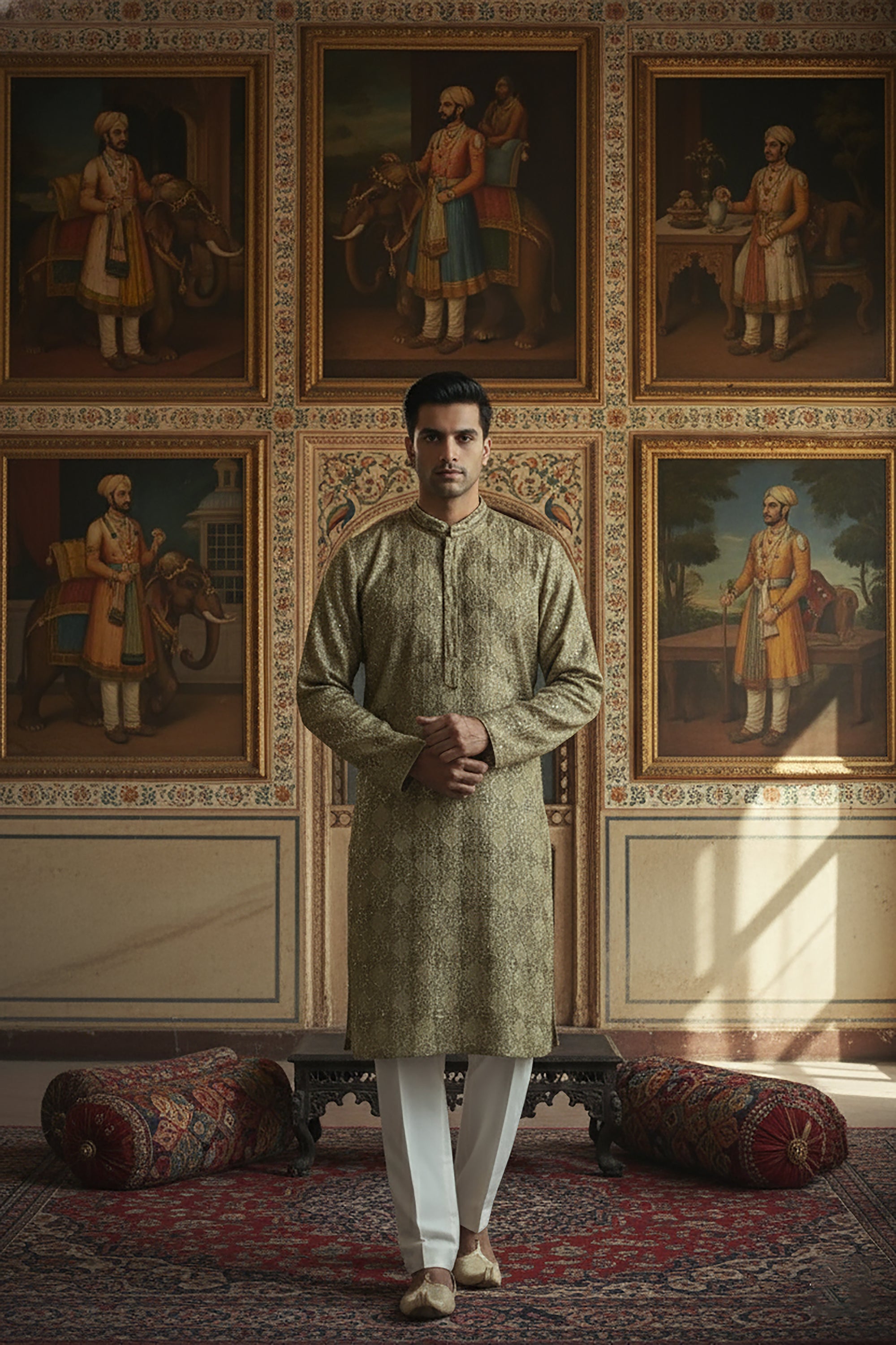 Regal Mehndi Green Sequin Embroidered Kurta Set with Off-White Pants – Palkhi Fashion