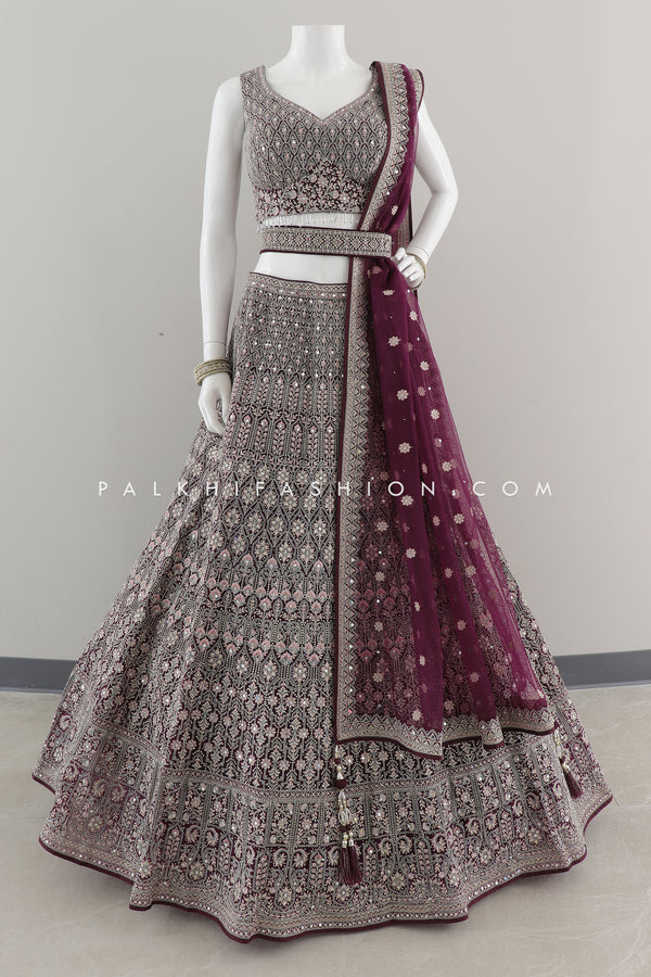 Regal Radiance: Designer Wine Lehenga Choli with Handwork