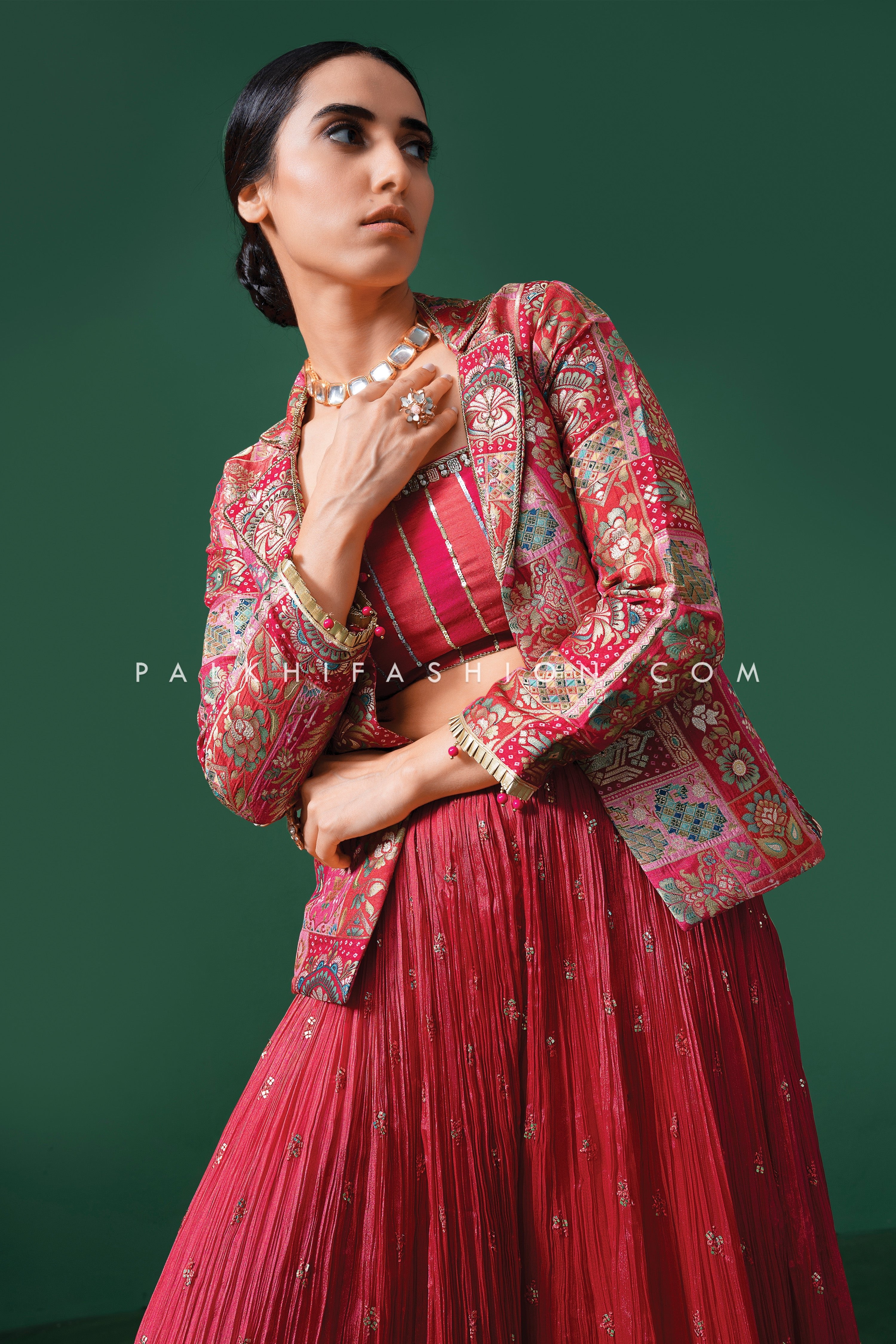 Regal Refinement: Designer Crop Top and Palazzo Set with Jacket