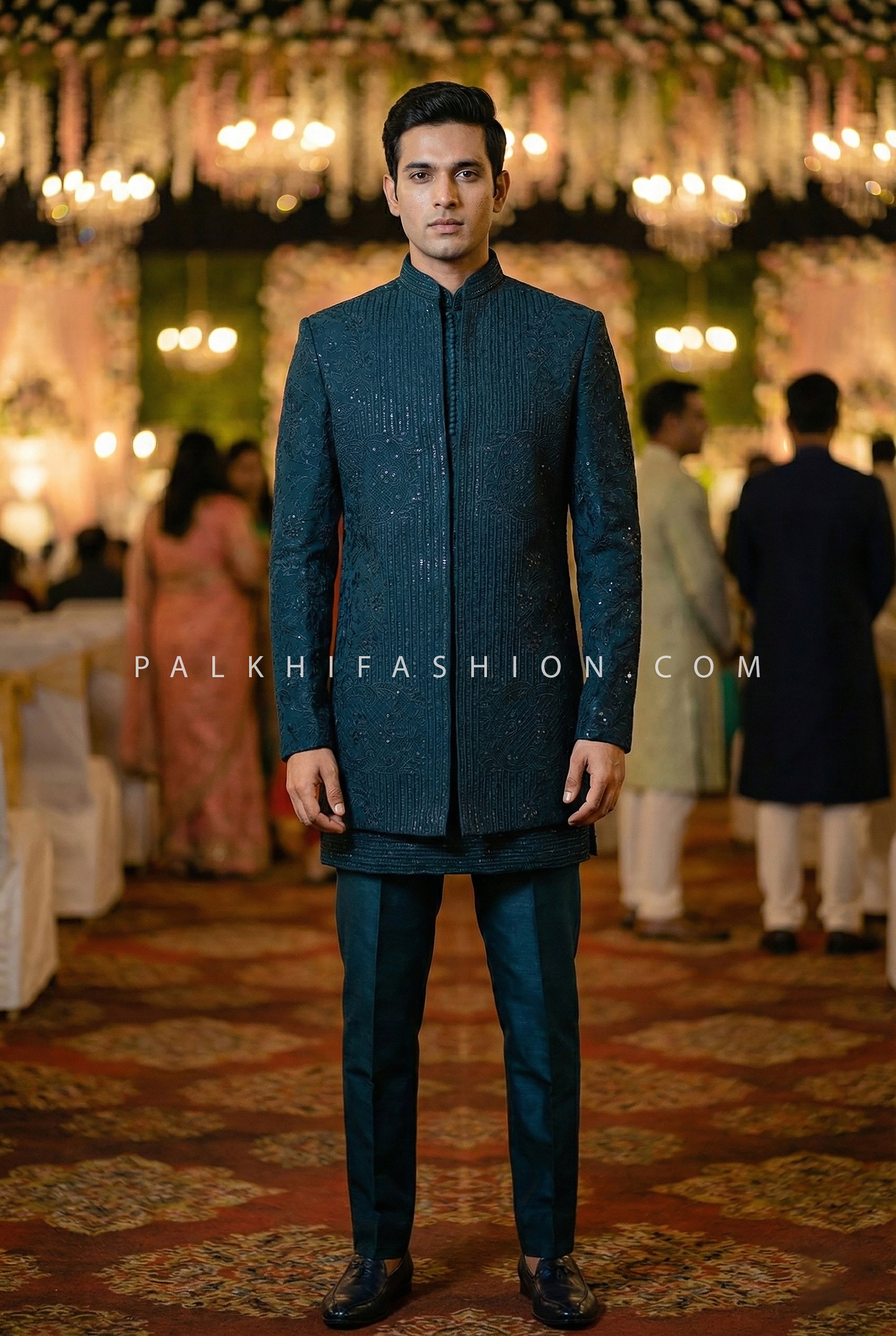 Regal Teal Majesty – Designer Indo-Western Set with Embroidered Jacket & Georgette Kurta