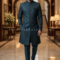 Regal Teal Statement - Teal Silk Jacquard Indo Western Sherwani for Men | Palkhi Fashion