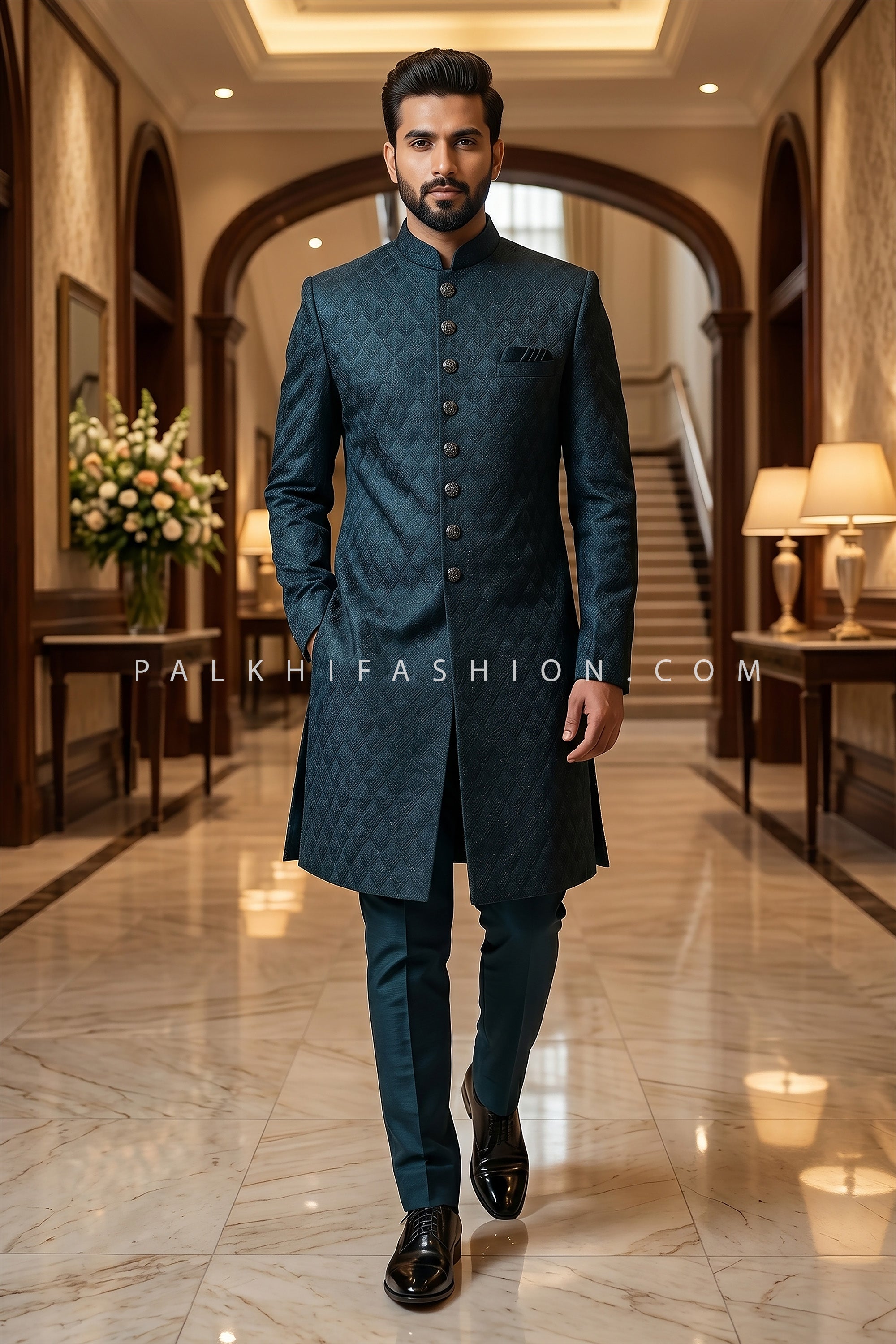 Regal Teal Statement - Teal Silk Jacquard Indo Western Sherwani for Men | Palkhi Fashion