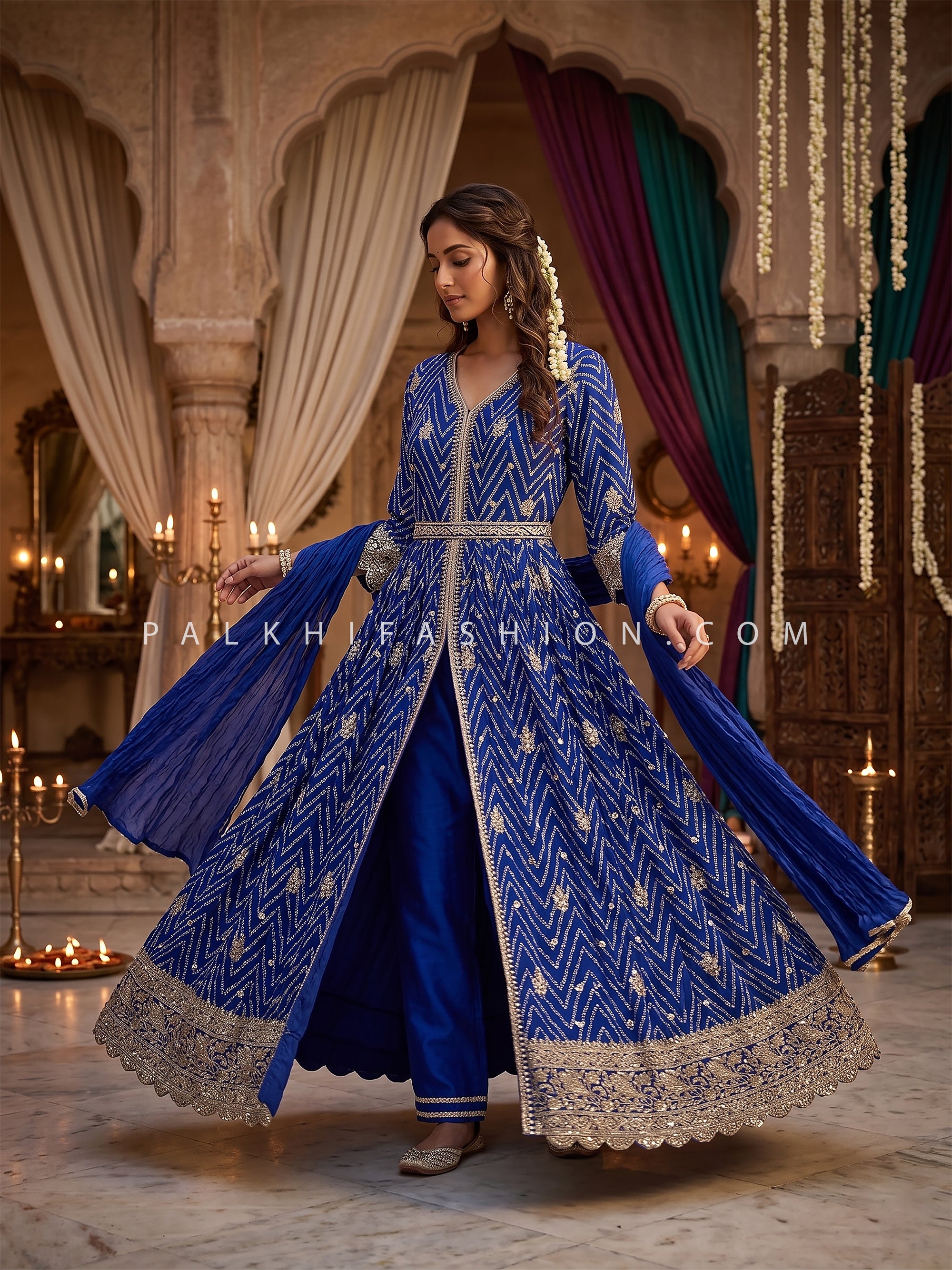 Regal Twirl Statement – Blue Bandhani Front Slit Anarkali Set | Palkhi Fashion
