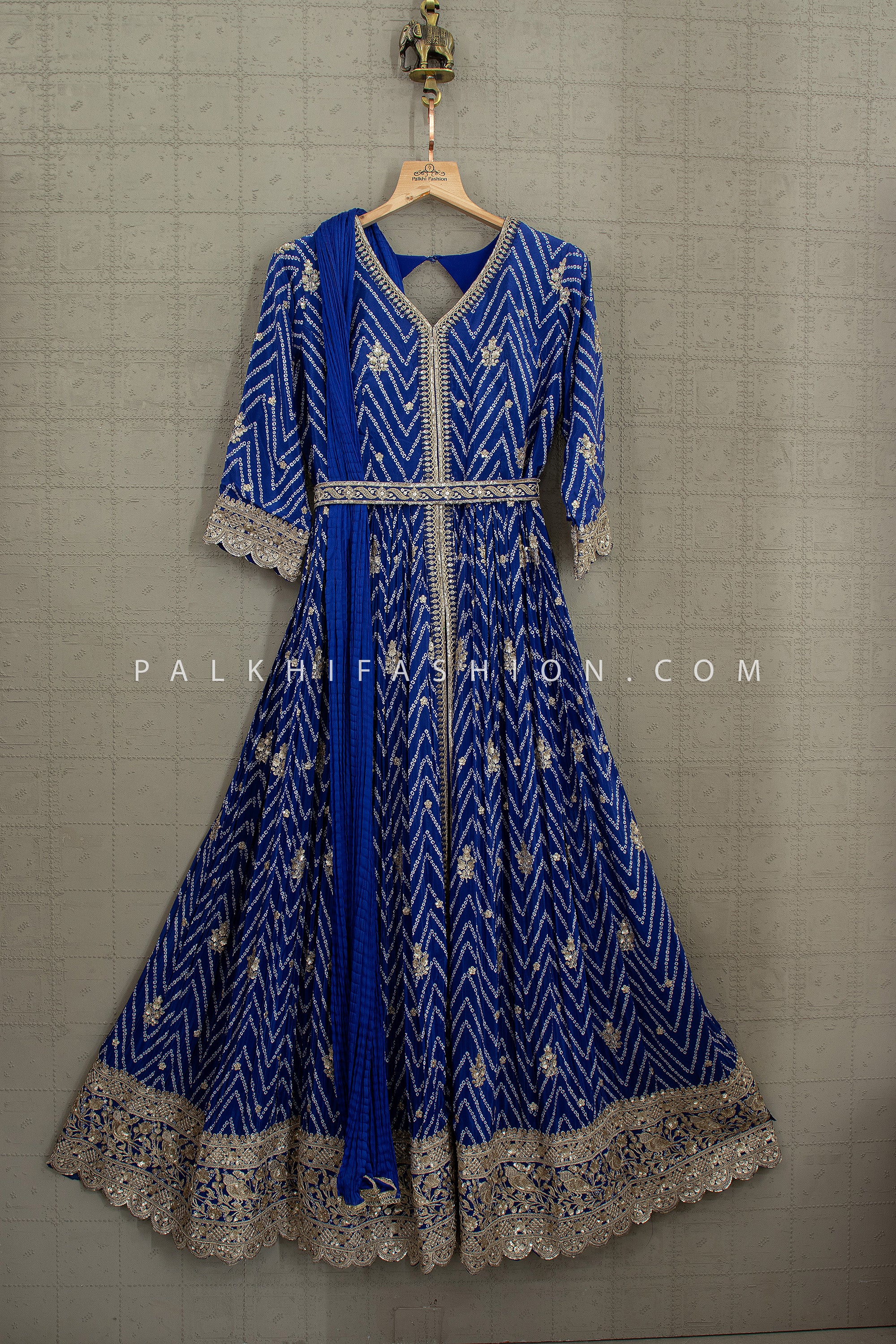 Regal Twirl Statement – Blue Bandhani Front Slit Anarkali Set | Palkhi Fashion