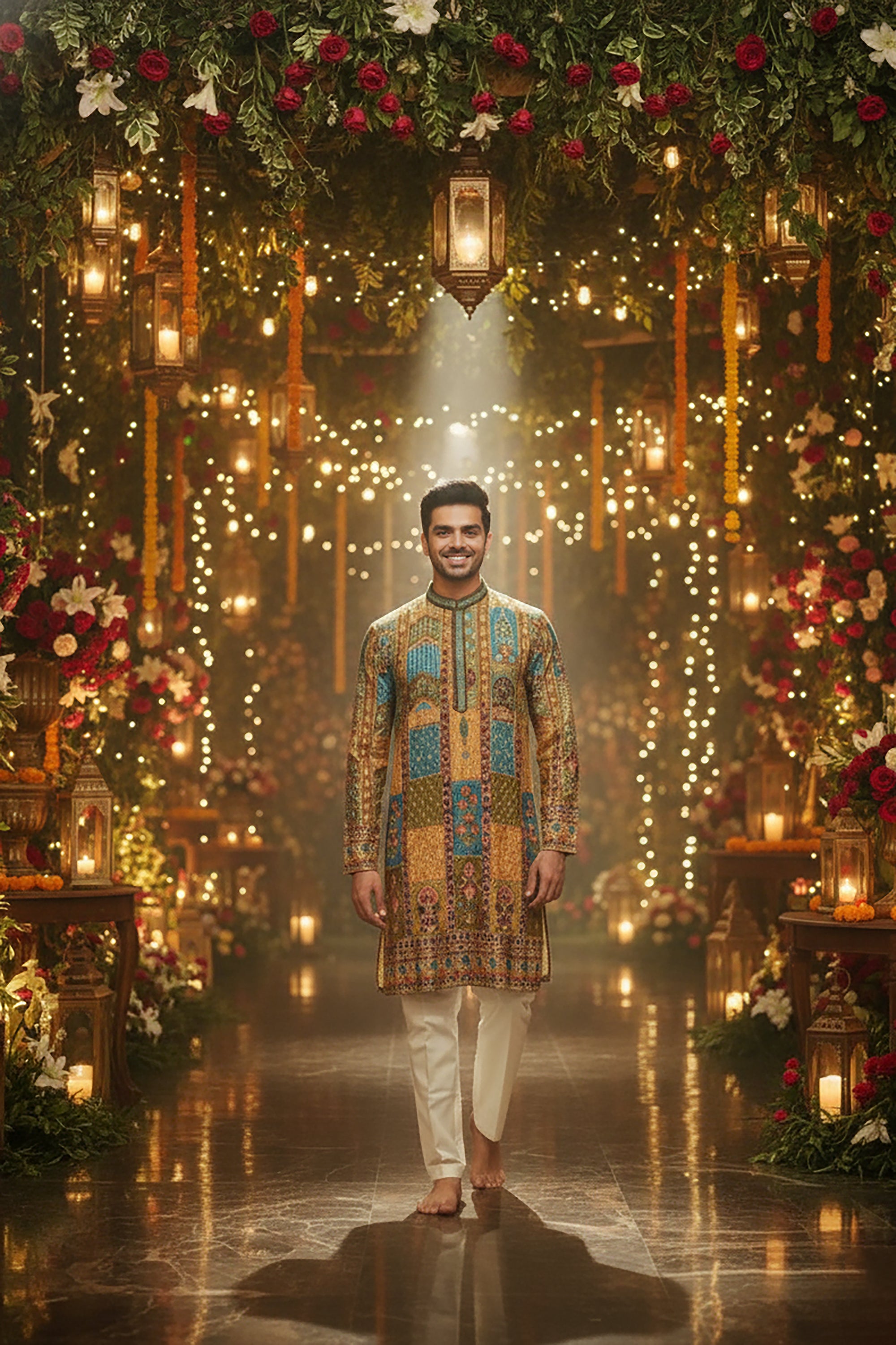Regal Heritage: Multicolor Banarasi Brocade Kurta with Mughal Jaal Design – Palkhi Fashion