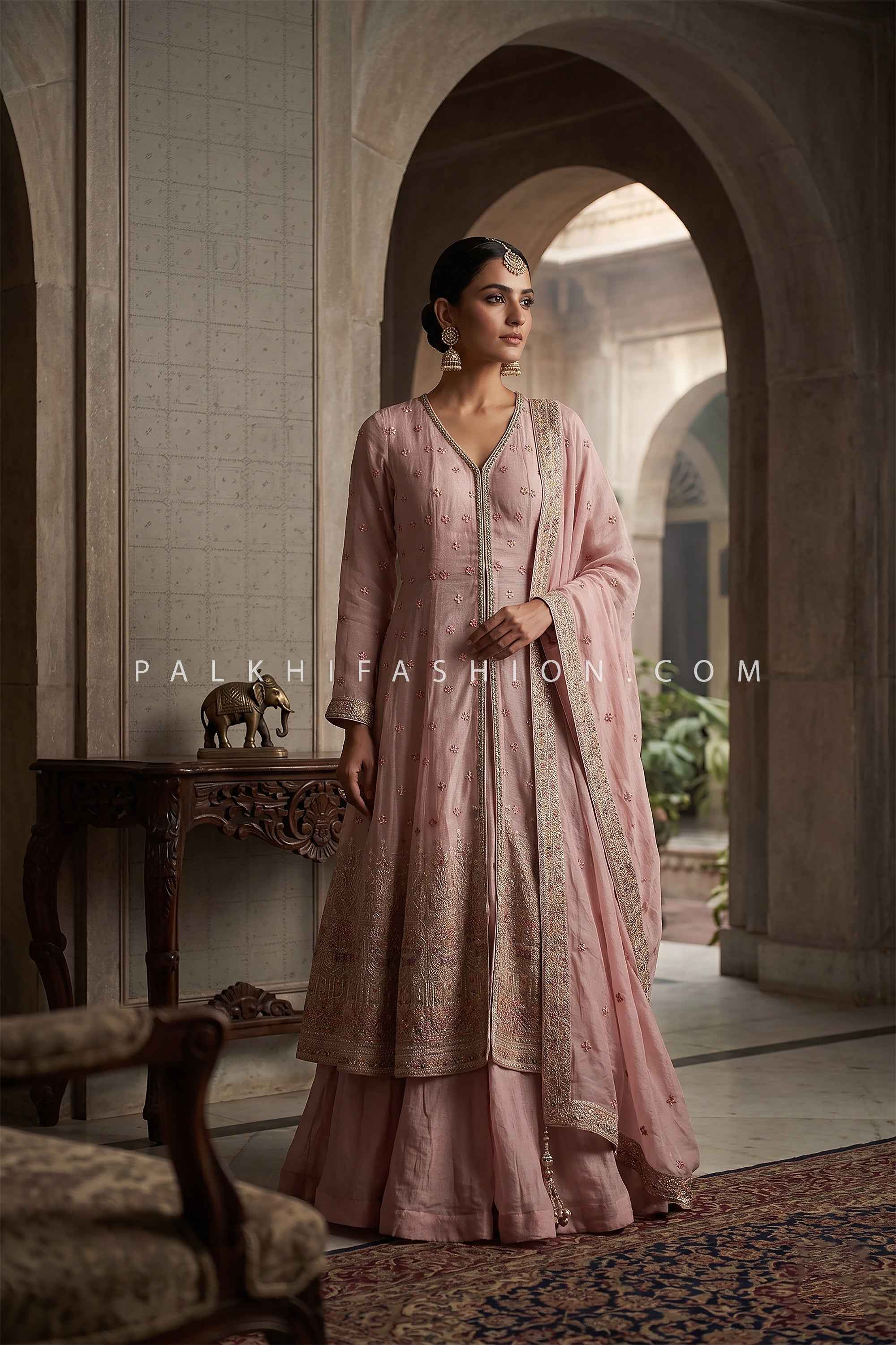 Rosé Heritage Grace – Elegant Blush Pink Front Slit Resham work Palazzo Set | Palkhi Fashion