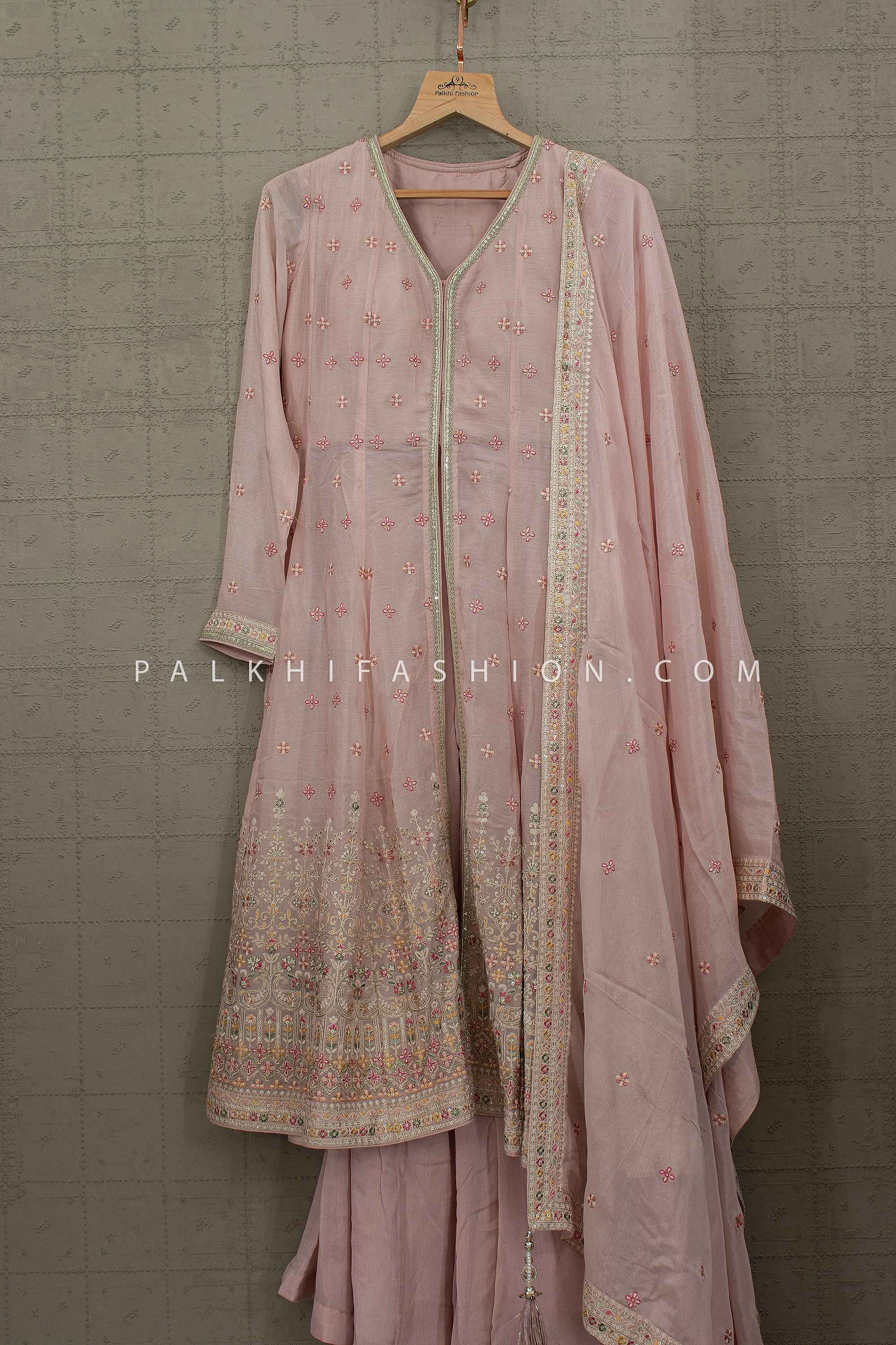 Rosé Heritage Grace – Elegant Blush Pink Front Slit Resham work Palazzo Set | Palkhi Fashion