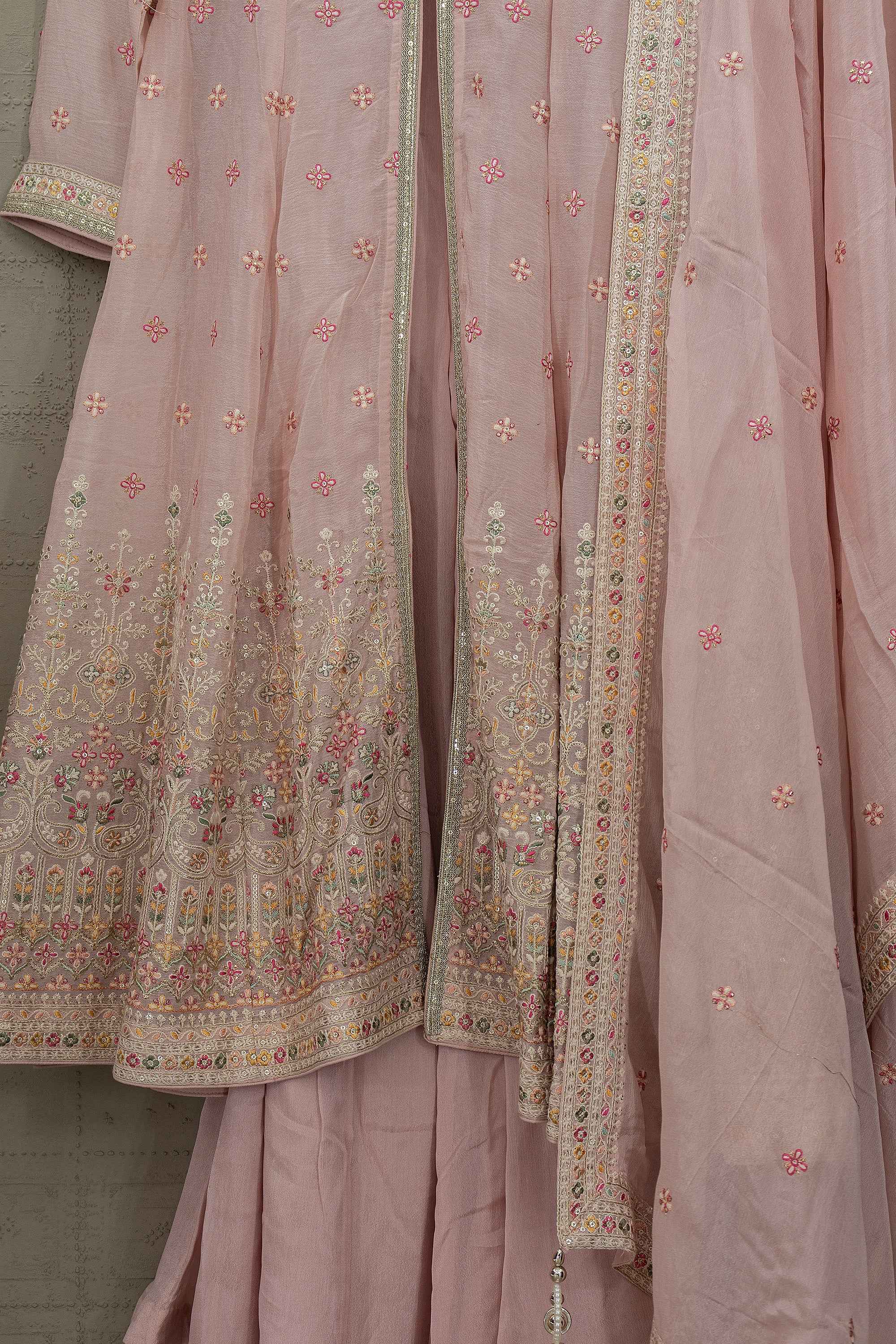 Rosé Heritage Grace – Elegant Blush Pink Front Slit Resham work Palazzo Set | Palkhi Fashion