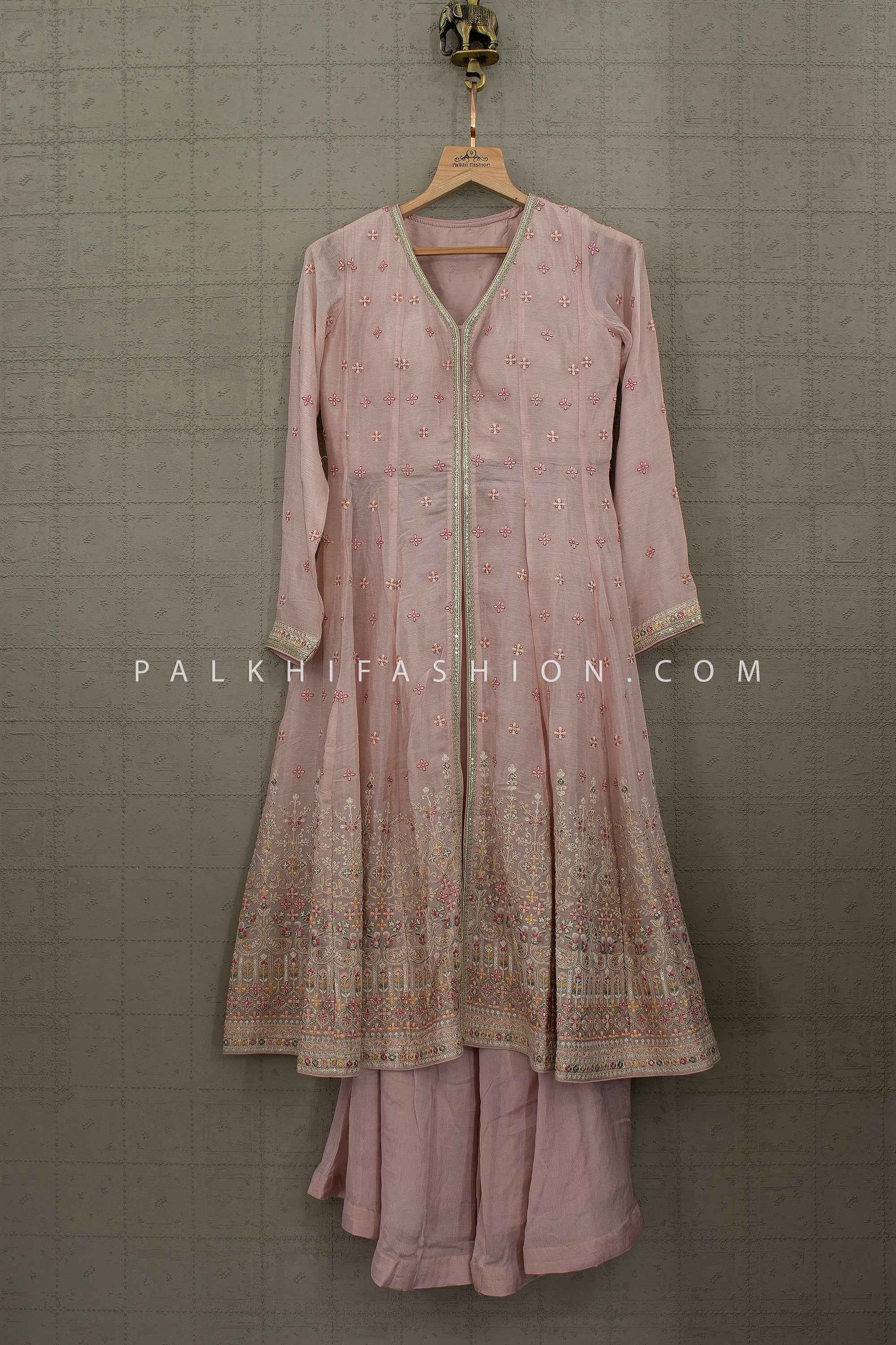 Rosé Heritage Grace – Elegant Blush Pink Front Slit Resham work Palazzo Set | Palkhi Fashion