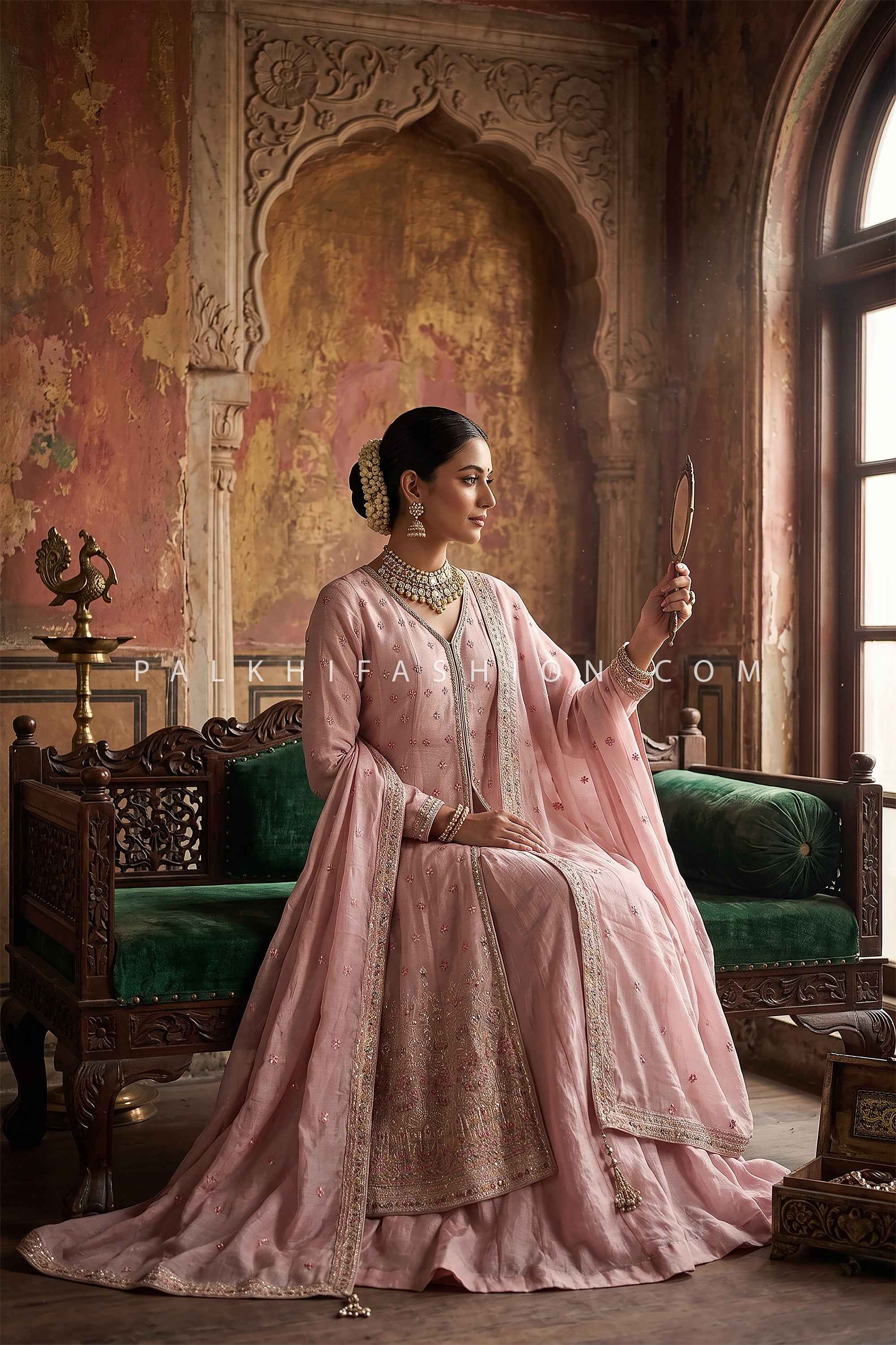 Rosé Heritage Grace – Elegant Blush Pink Front Slit Resham work Palazzo Set | Palkhi Fashion