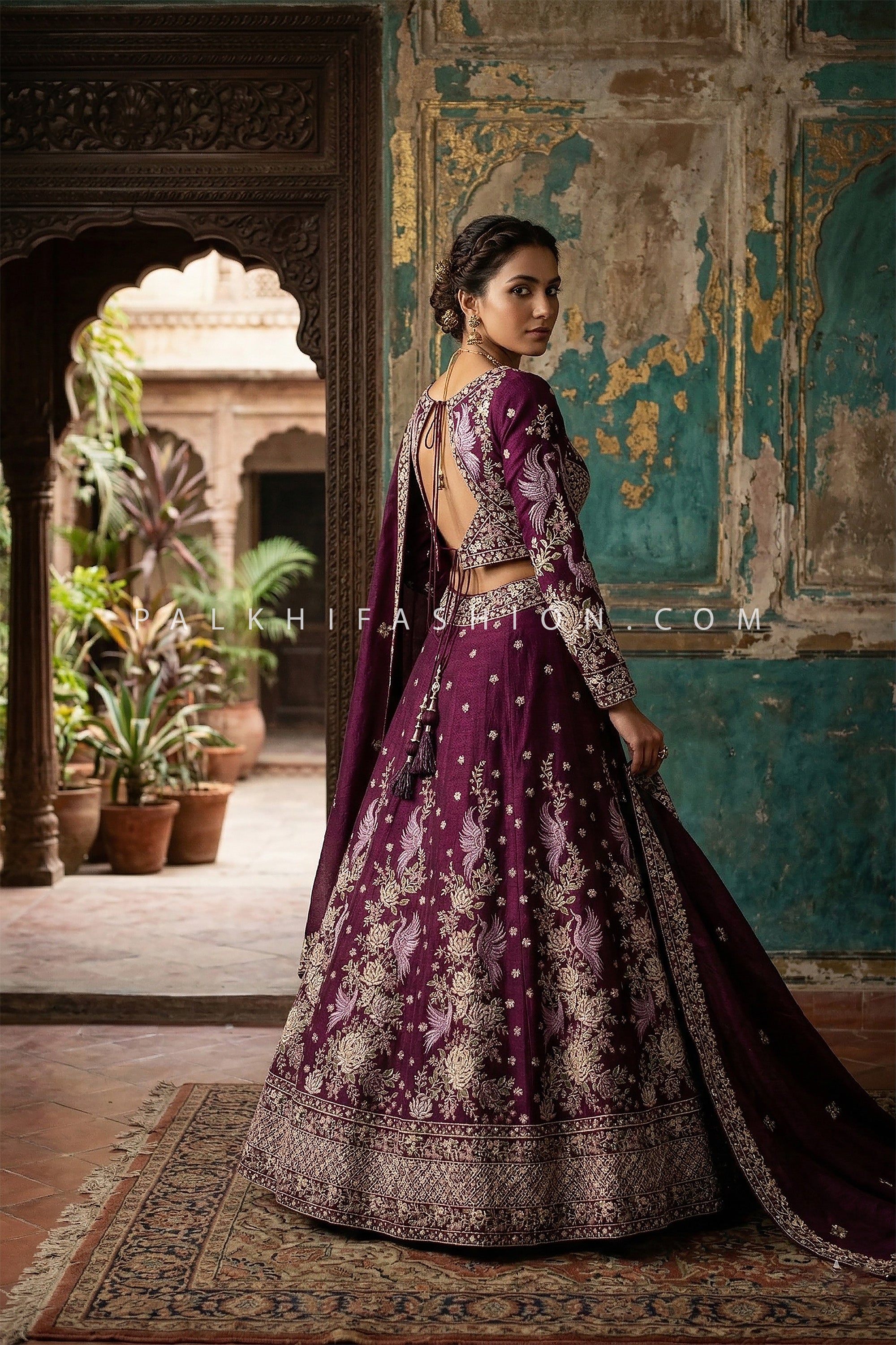 Royal Aubergine Couture - Deep Purple Raw Silk Embroidered Lehenga Set – Palkhi Fashion