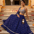 Midnight Radiance | Royal Blue Bandhej Print Lehenga Choli with Mirror Work | Palkhi Fashion