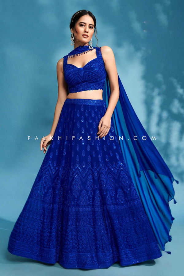 Royal Blue Georgette Lehenga Choli: Majestic Elegance with Dazzling Accents