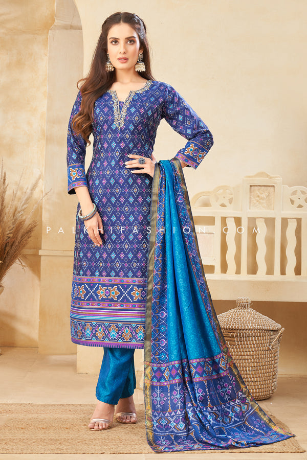 Royal Blue Straight Cut Suit with Patola & Handwork | Palkhi Fashion