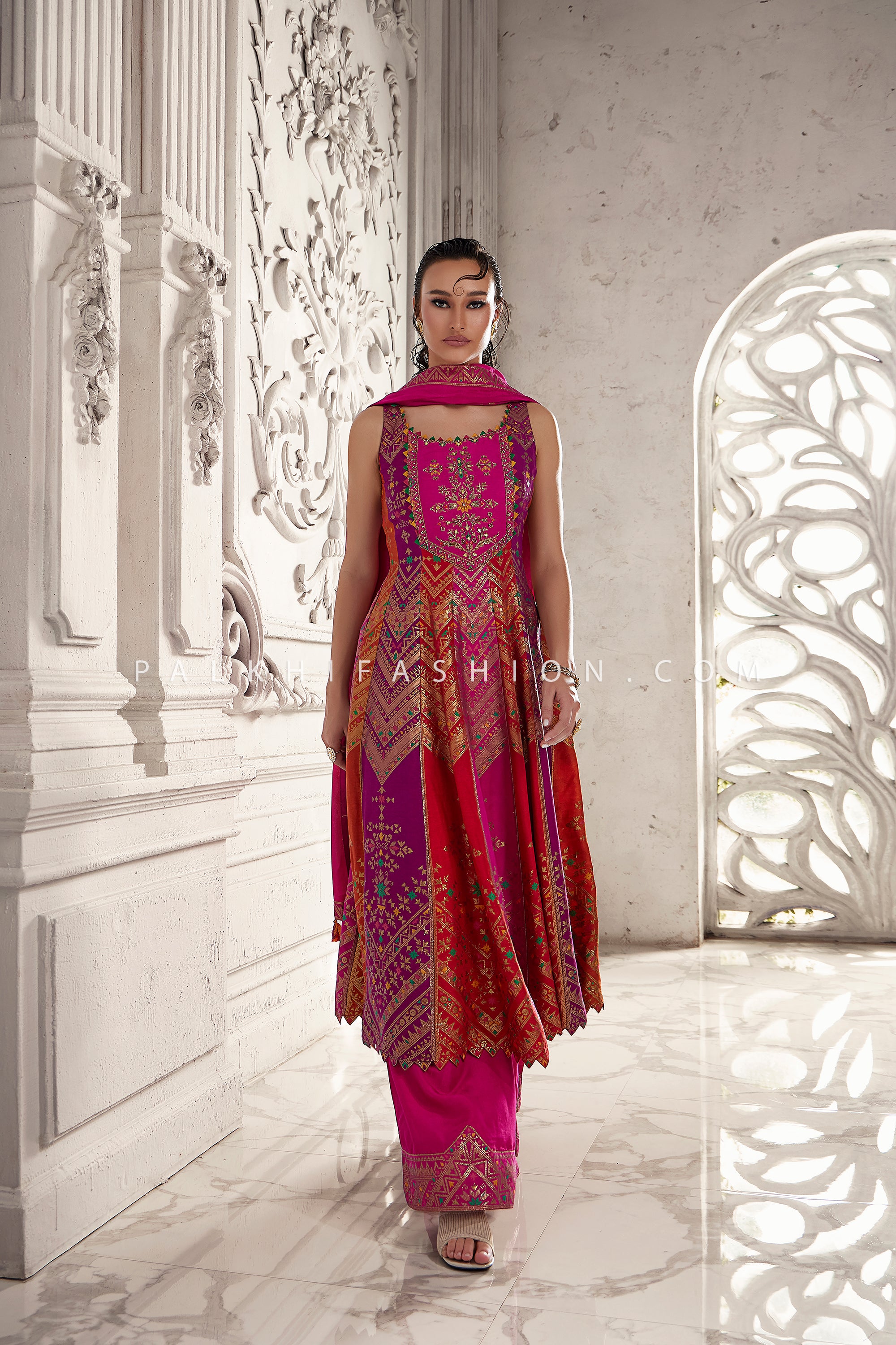 Royal Fuchsia Aura – Multicolor Banarasi Anarkali Palazzo Set for Festive Elegance | Palkhi Fashion