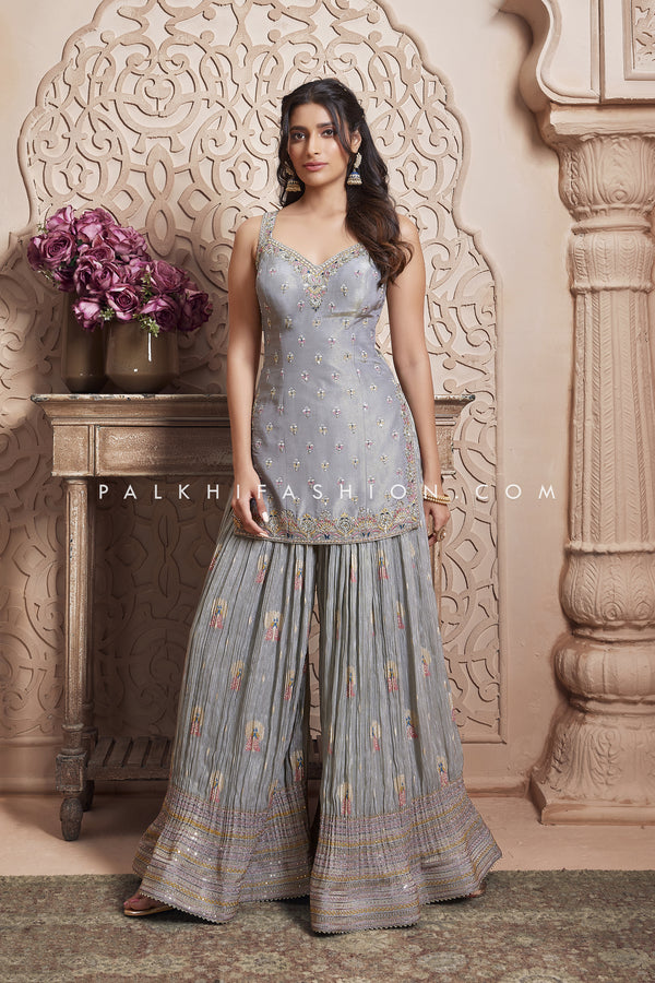 Royal Grandeur: Statement Light Grey Silk Palazzo Outfit with Mirror & Handwork