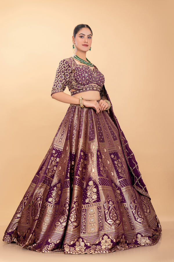 Royal Grandeur: Statement Wine Designer Banarasi Silk Lehenga Choli