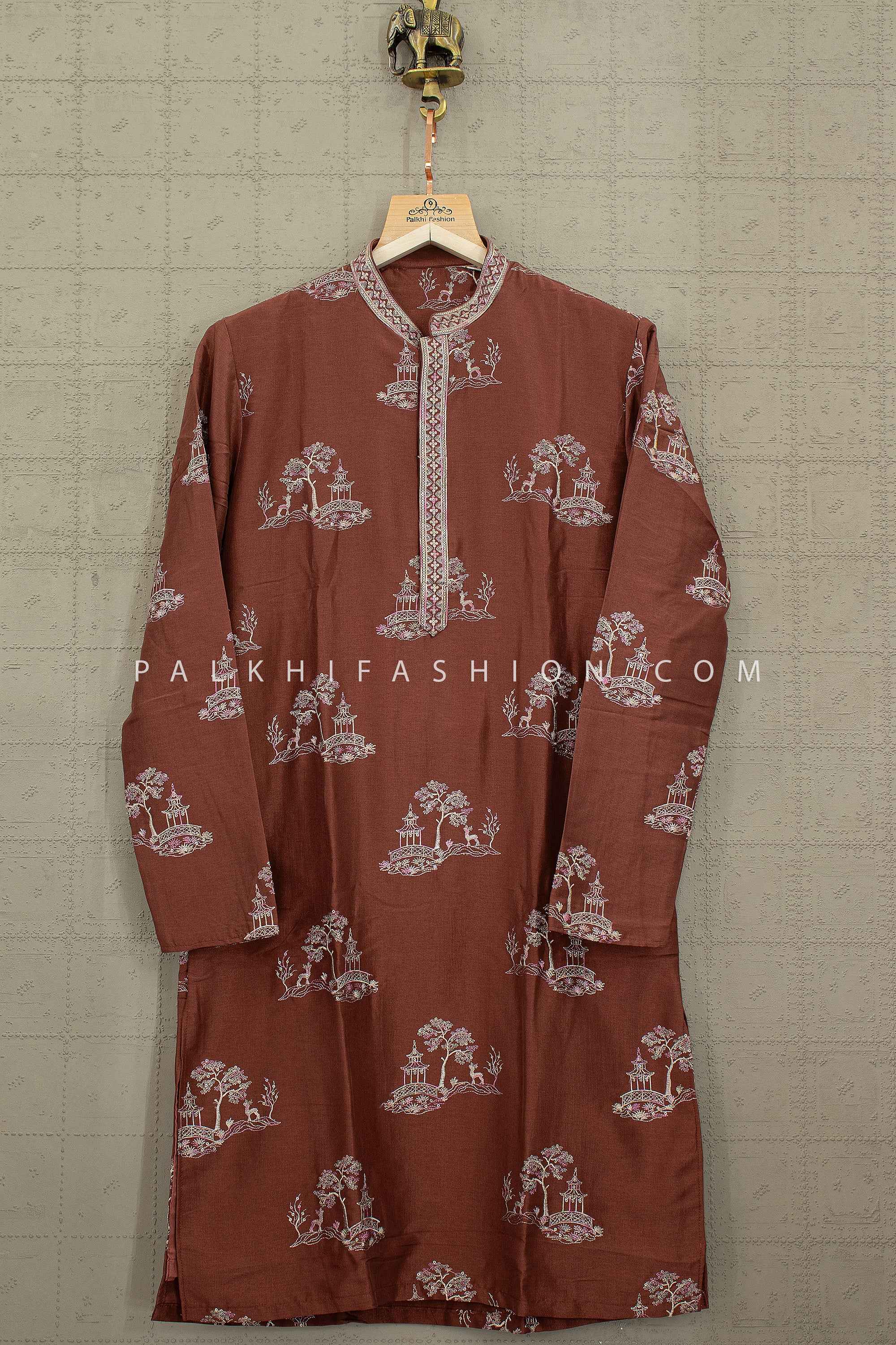 Royal Heritage Scene – Rust Embroidered Designer Kurta for Men | Palkhi Fashion