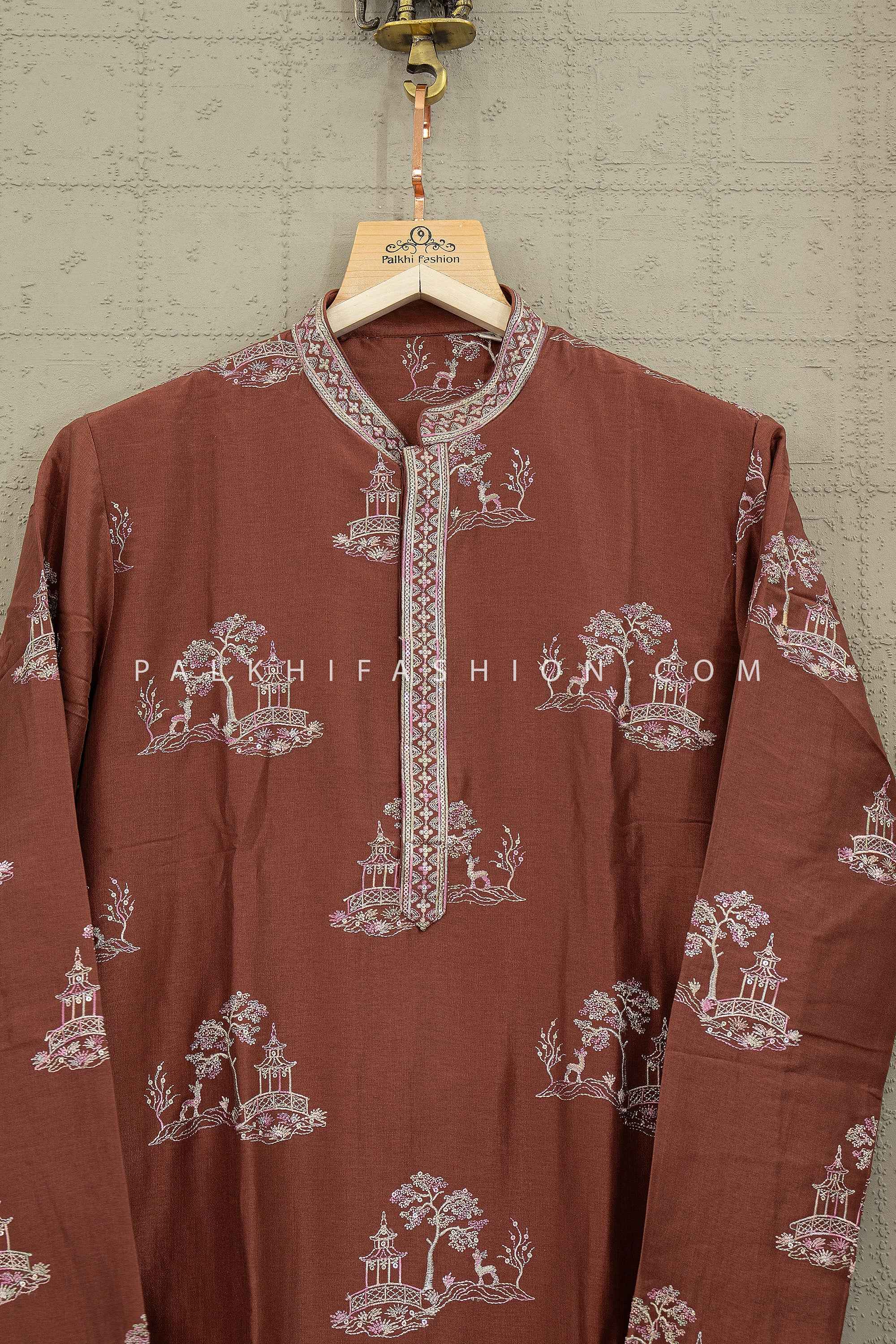 Royal Heritage Scene – Rust Embroidered Designer Kurta for Men | Palkhi Fashion