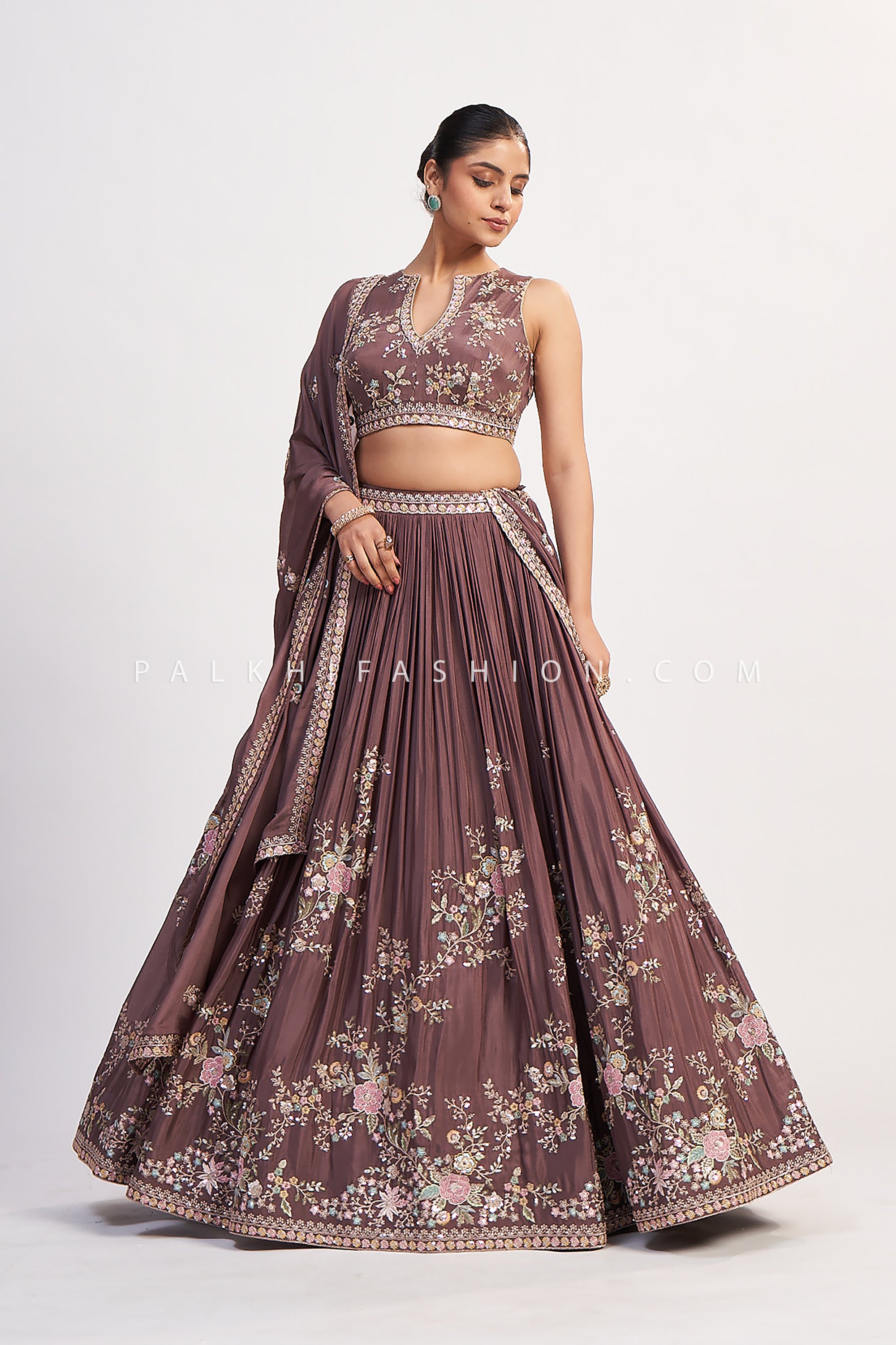 Royal Mauve Blossom – Pastel Floral Jaal Panelled Lehenga with 3D Resham Embroidery & Designer Blouse