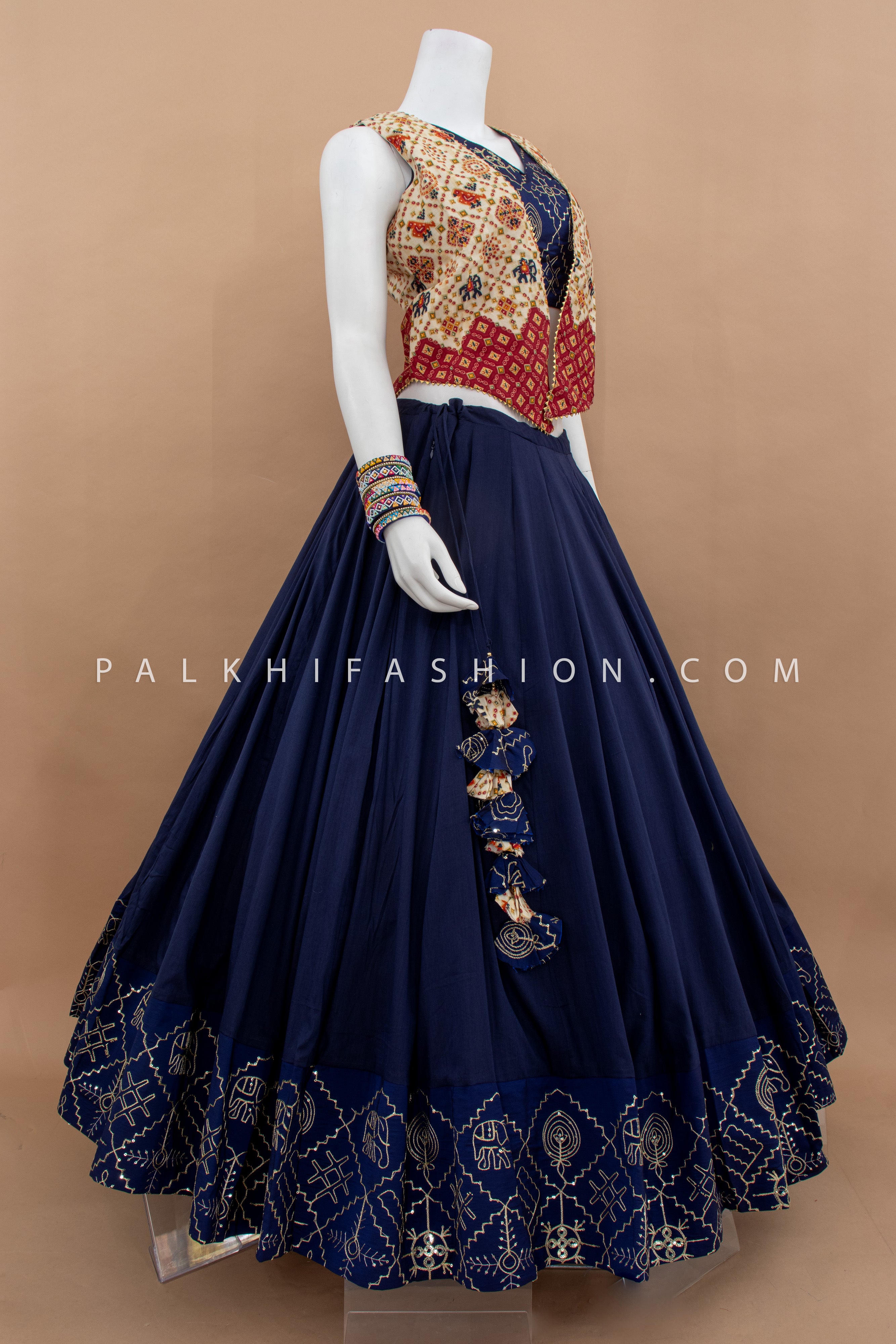 🌌 Royal Roots: Navy Blue Chaniya Choli with Patola Jacket