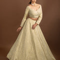 Royal Weaves: Lavish Beige Silk Designer Lehenga Choli with Pearls and Mirrors