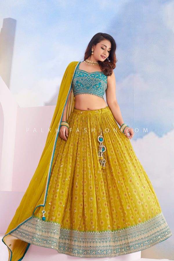 Royal Yellow/Teal Chinon Silk Lehenga Choli with Handwork – Palkhi Fashion