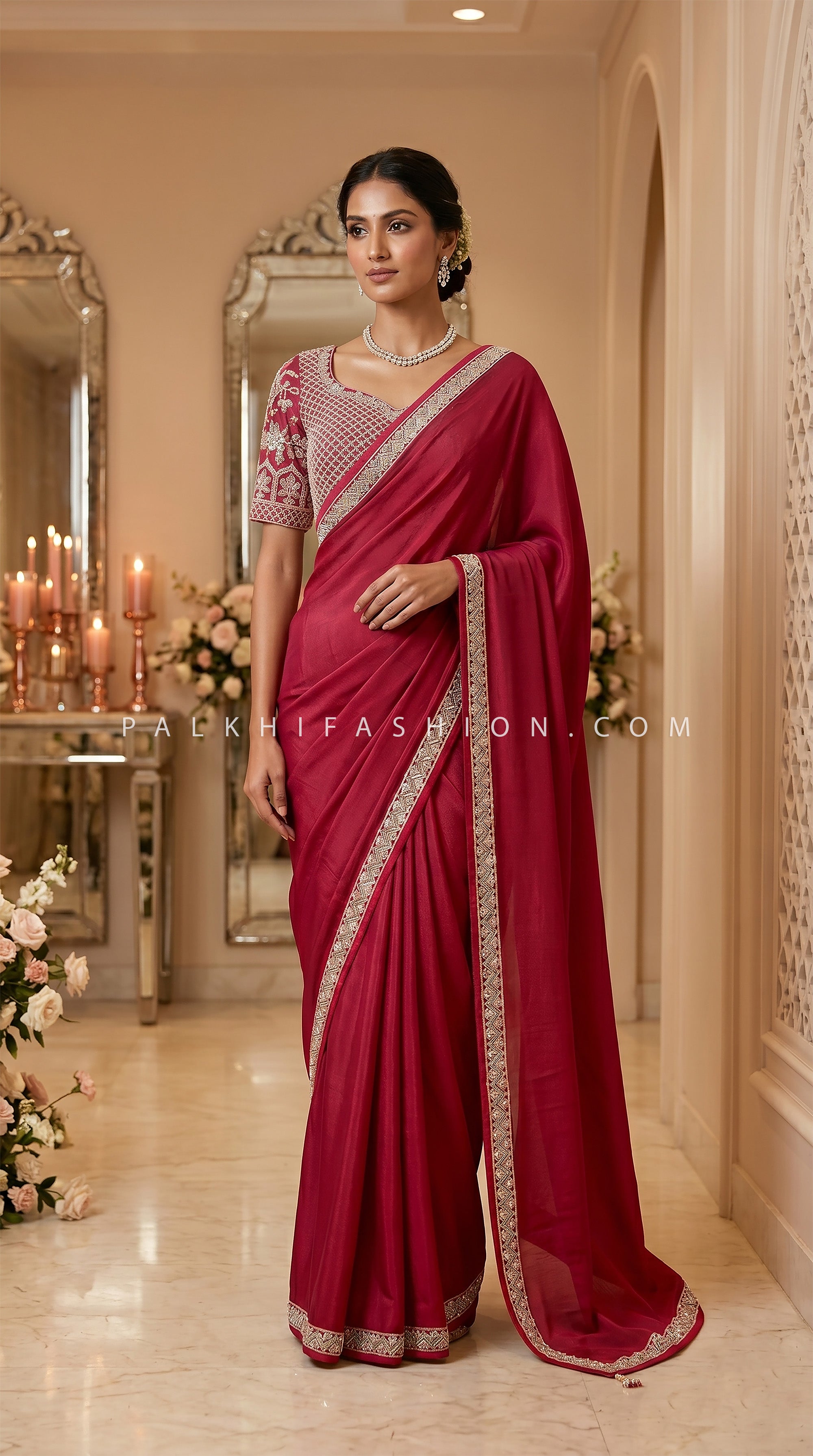Ruby Radiance – Soft Silk Handworked Saree with Pearl Embroidered Blouse | Palkhi Fashion