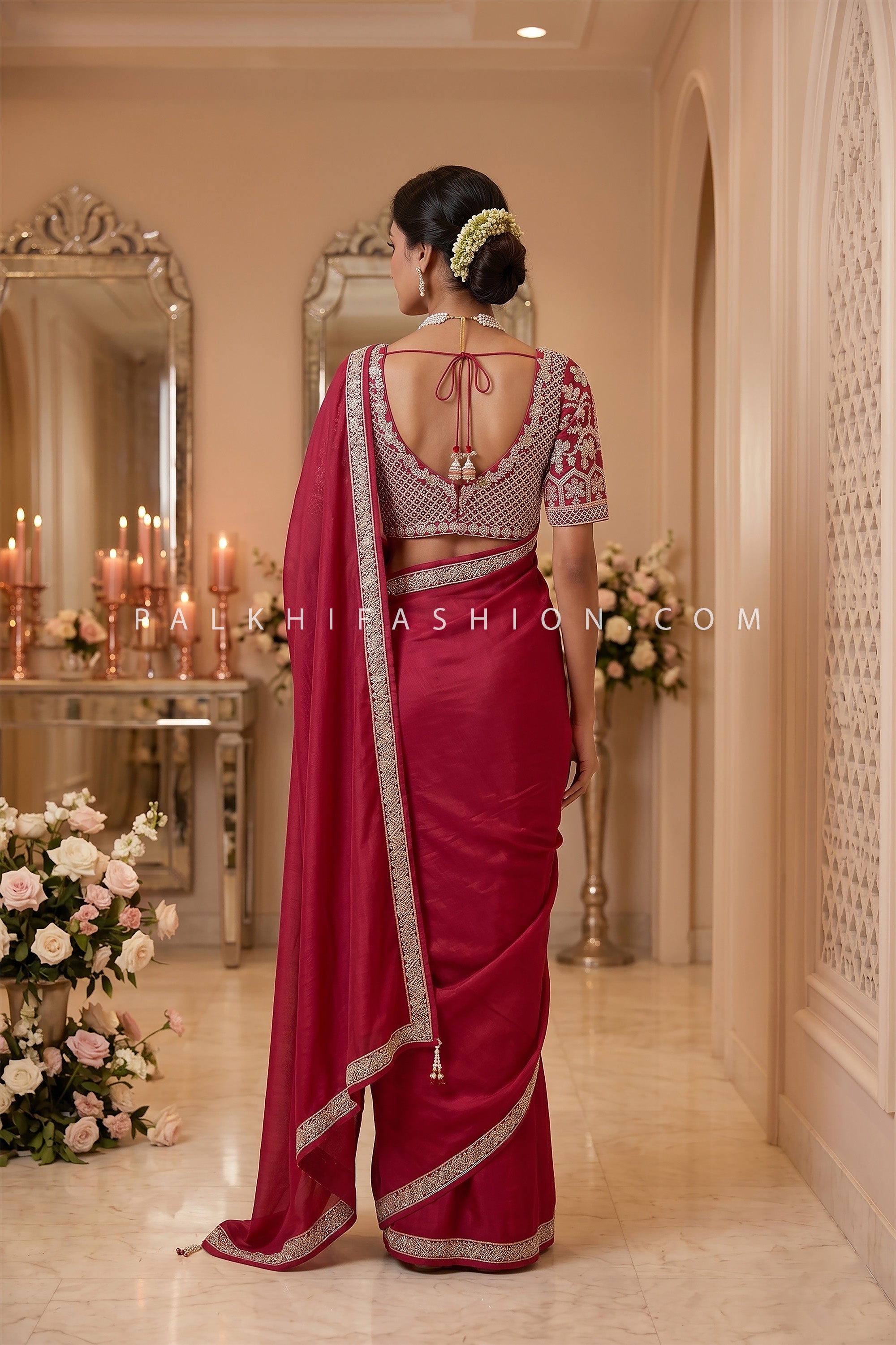 Ruby Radiance – Soft Silk Handworked Saree with Pearl Embroidered Blouse | Palkhi Fashion