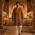 Amber Heritage | Rust Ochre Silk Kurta Set with Royal Palace & Kalamkari Digital Print Artistry | Palkhi Fashion