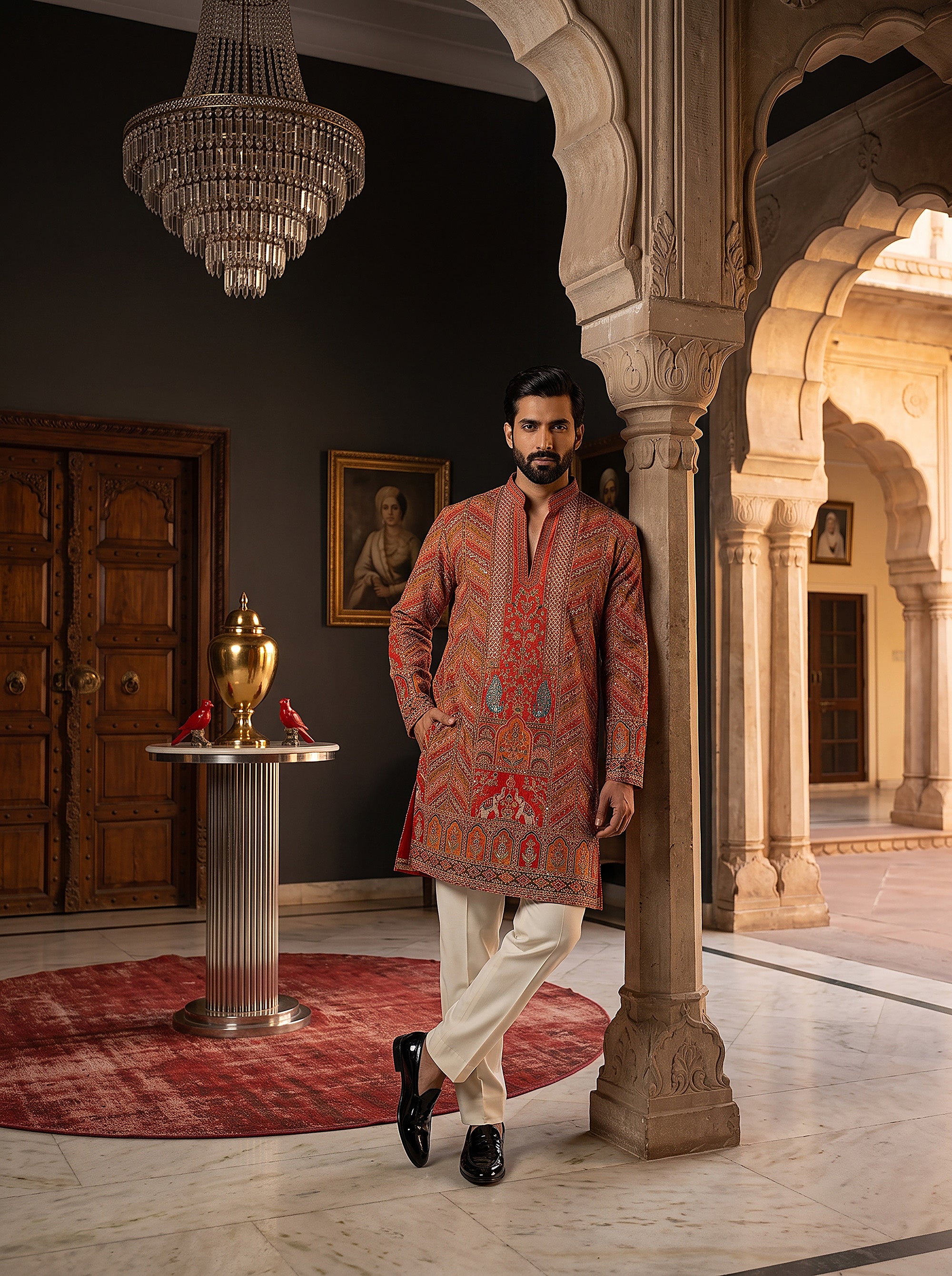 Heritage Elegance | Rust Orange Designer Mens Kurta Set with Intricate Embroidery | Palkhi Fashion