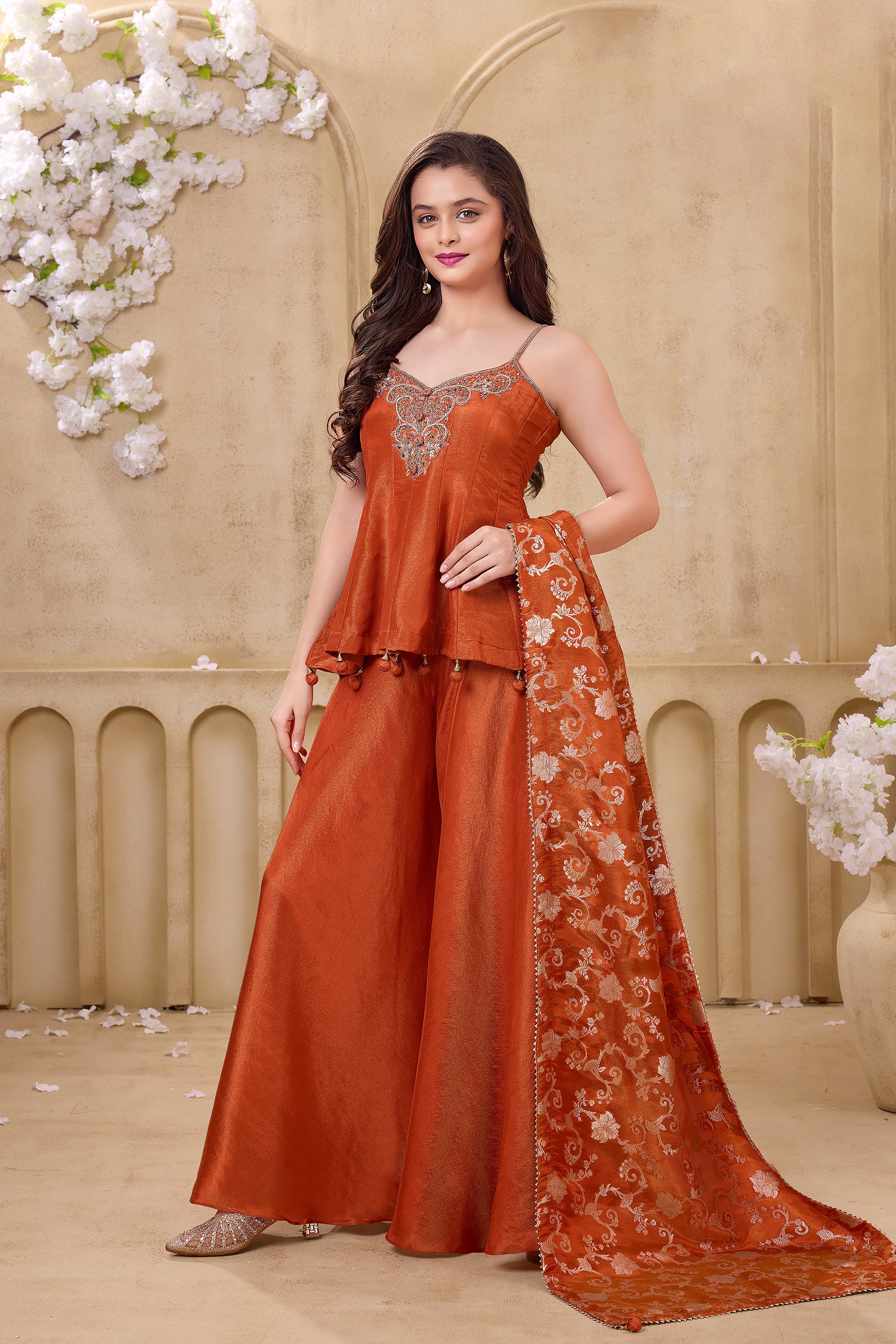 Rust Drawingsa Rust Orange Palazzo Set with Zari Work | Palkhi Fashion