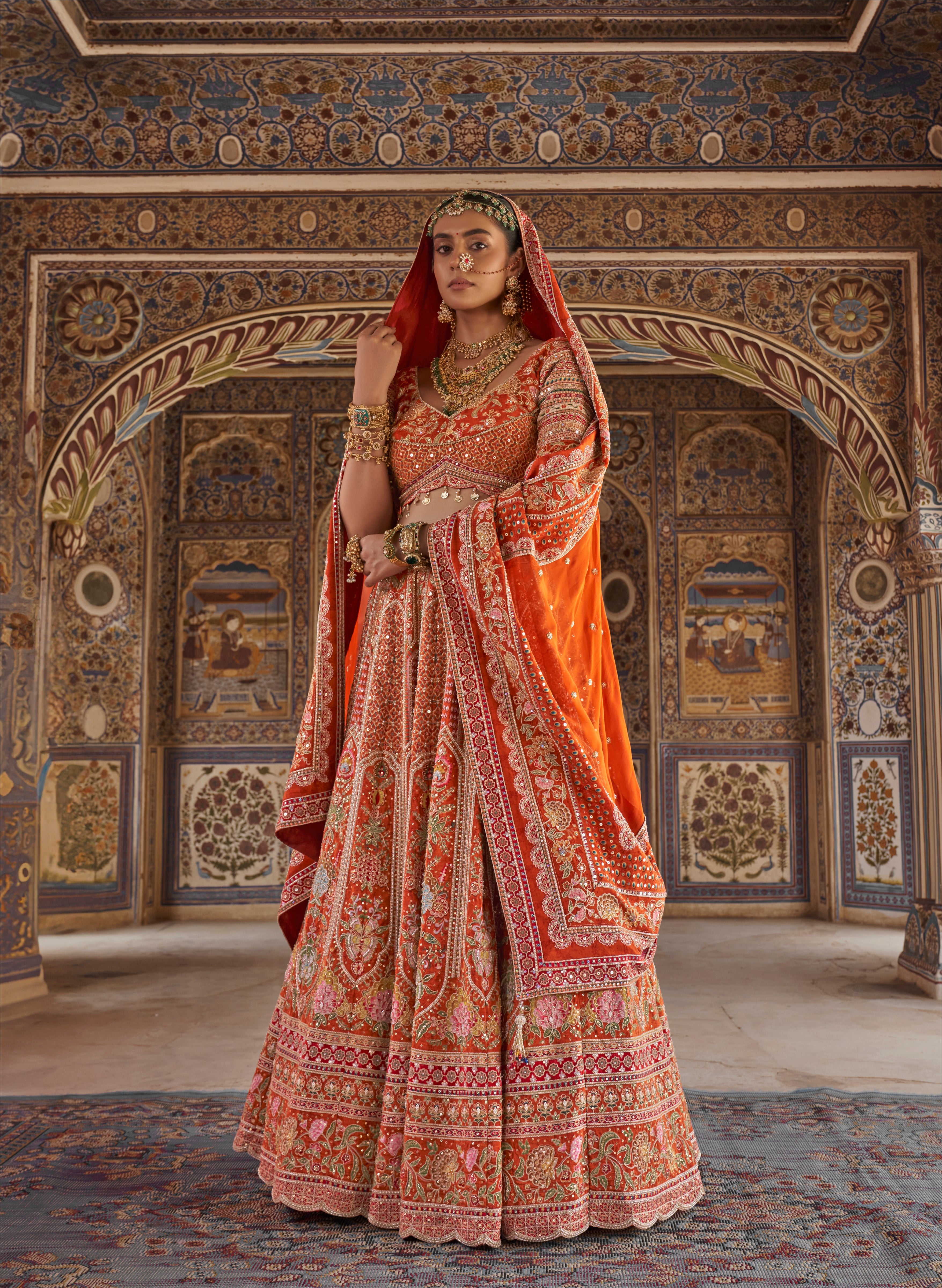Sunset Majesty | Rust Orange Pure Silk Bridal Zardozi Lehenga Choli | Palkhi Fashion