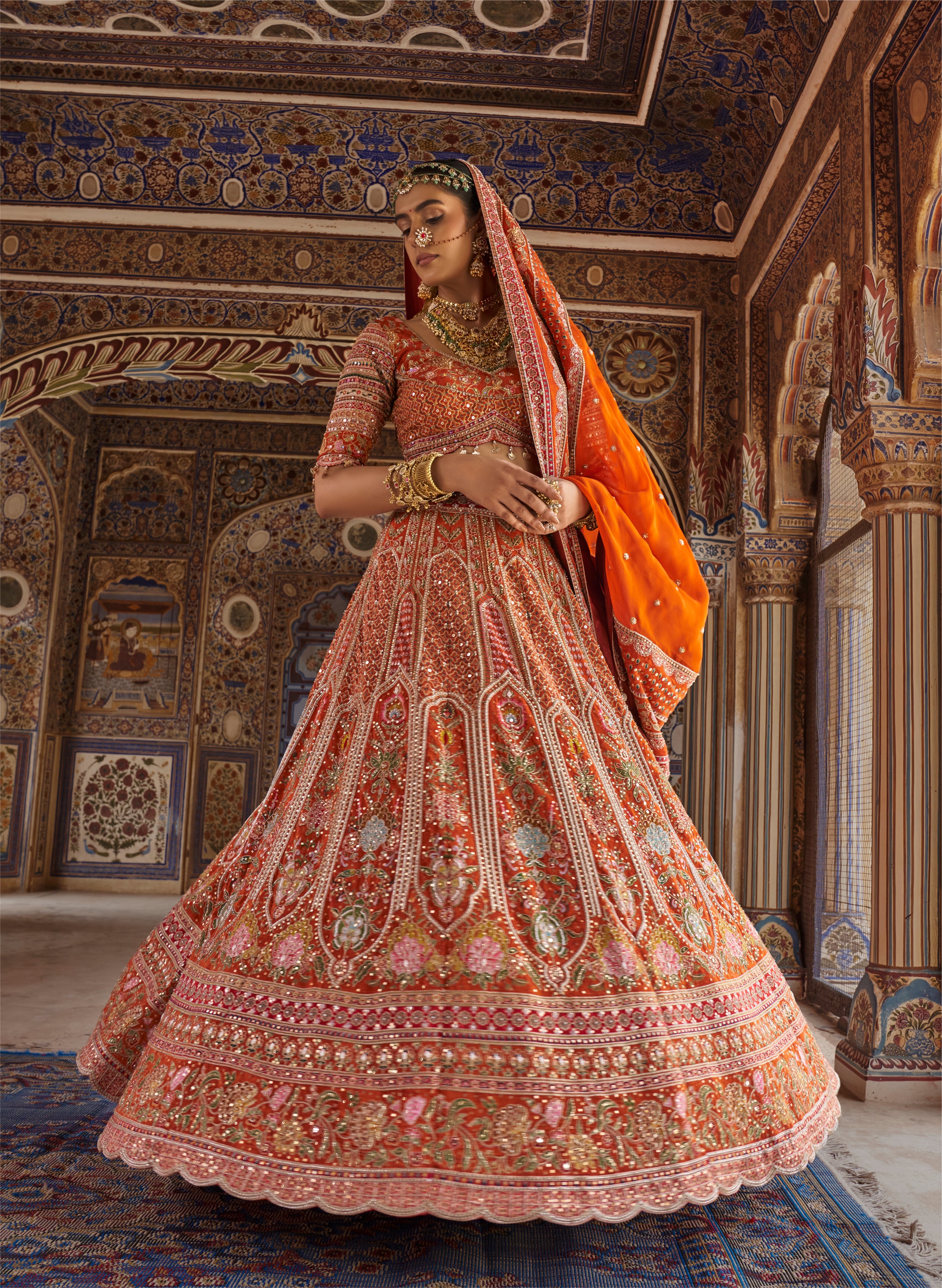 Sunset Majesty | Rust Orange Pure Silk Bridal Zardozi Lehenga Choli | Palkhi Fashion