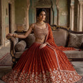 Radiant Crimson | Rust Red Beadwork & Cutdana Embroidered Lehenga Choli | Palkhi Fashion