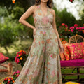 Sage Garden Elegance – Pastel Sage Floral Designer Embellished Jumpsuit – Palkhi Fashion