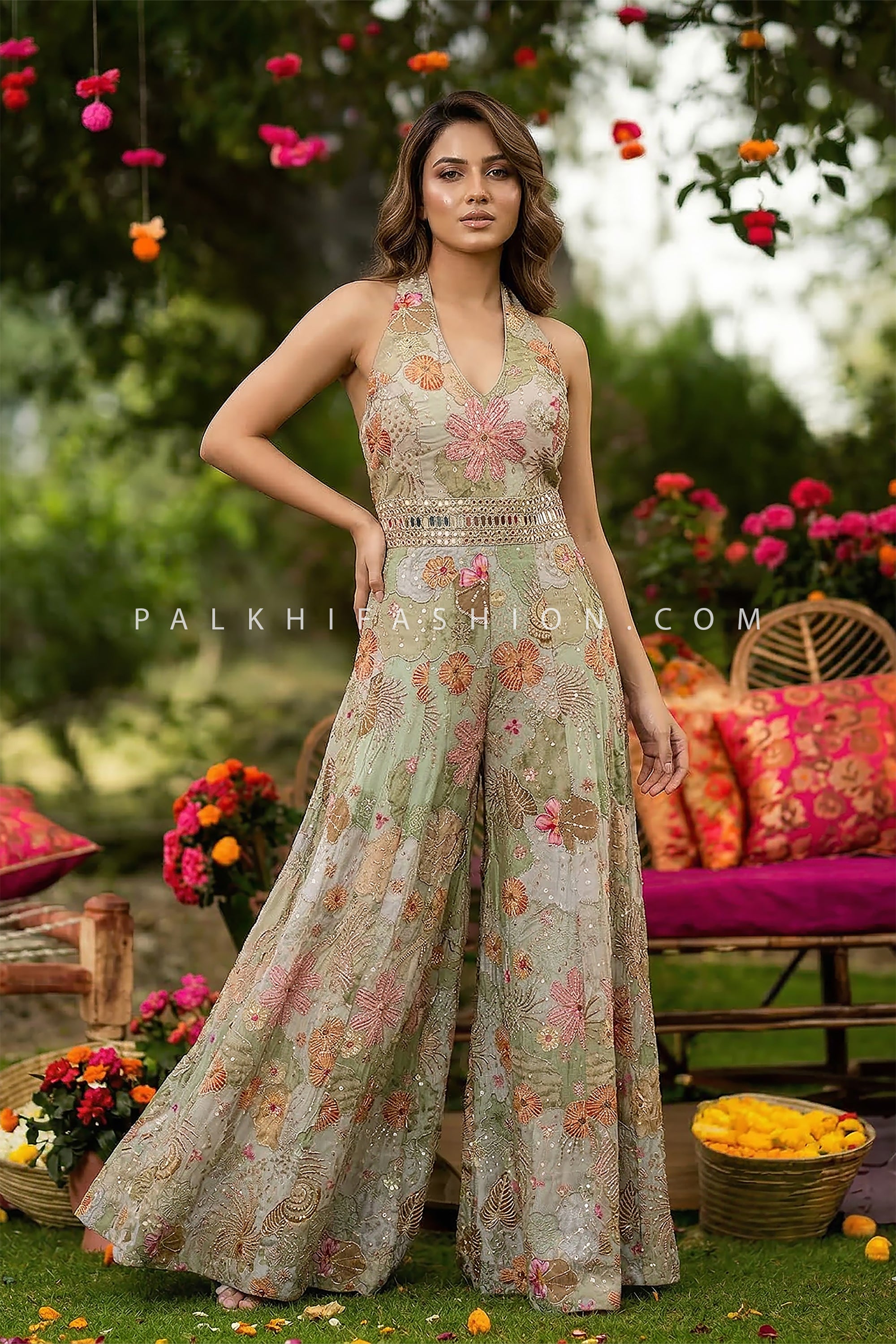 Sage Garden Elegance – Pastel Sage Floral Designer Embellished Jumpsuit – Palkhi Fashion