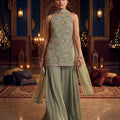 Pastel Meadow Elegance | Sage Green Georgette Palazzo Set with Mirror Work | Palkhi Fashion