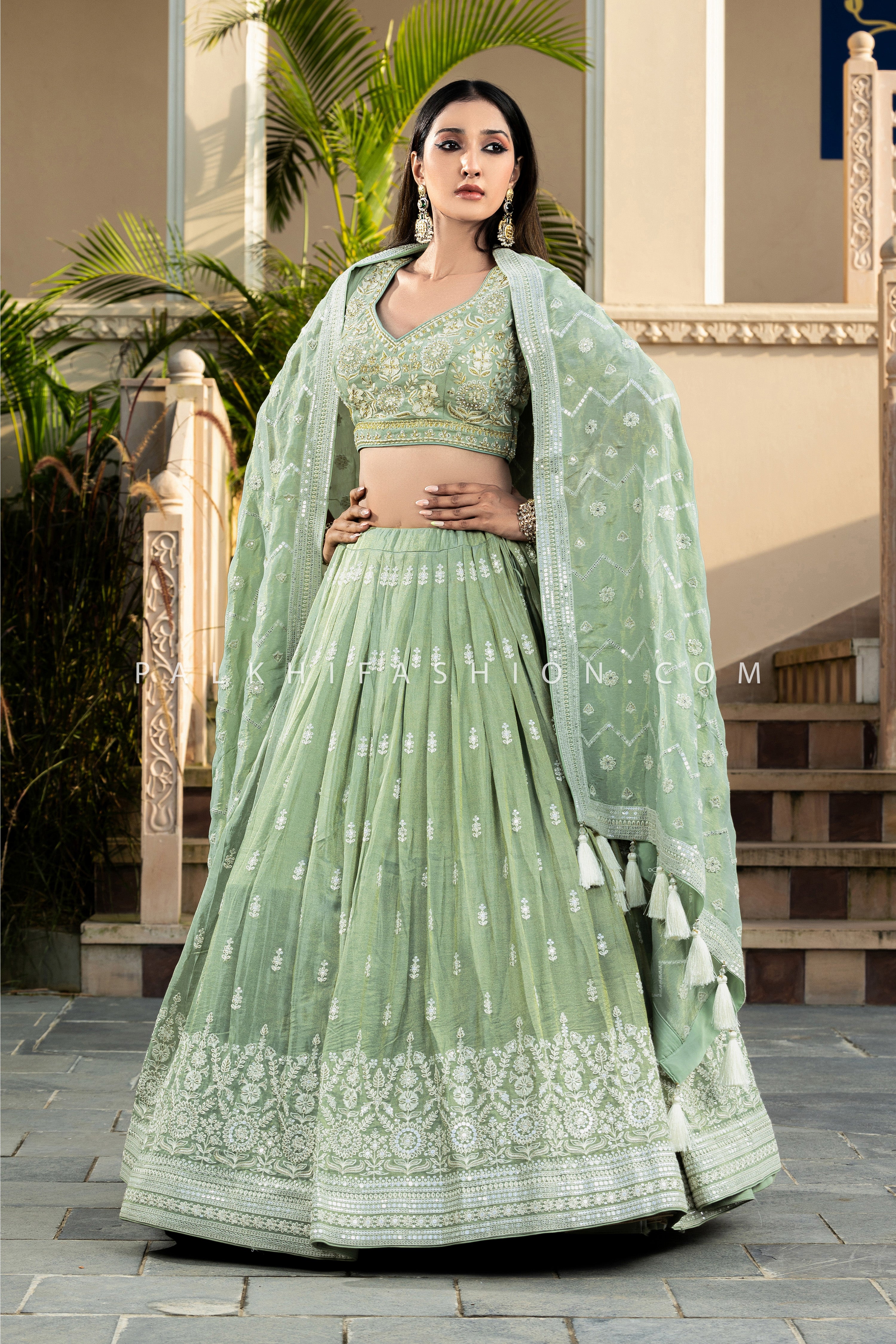 Sage Green Soft Silk Lehenga Choli | Chikankari & Handwork | Palkhi Fashion 