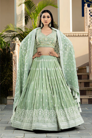 Sage Green Soft Silk Lehenga Choli | Chikankari & Handwork | Palkhi Fashion 
