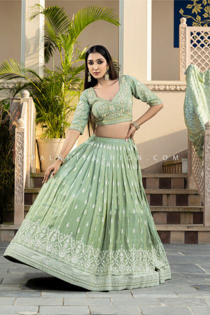 Sage Green Soft Silk Lehenga Choli | Chikankari & Handwork | Palkhi Fashion 