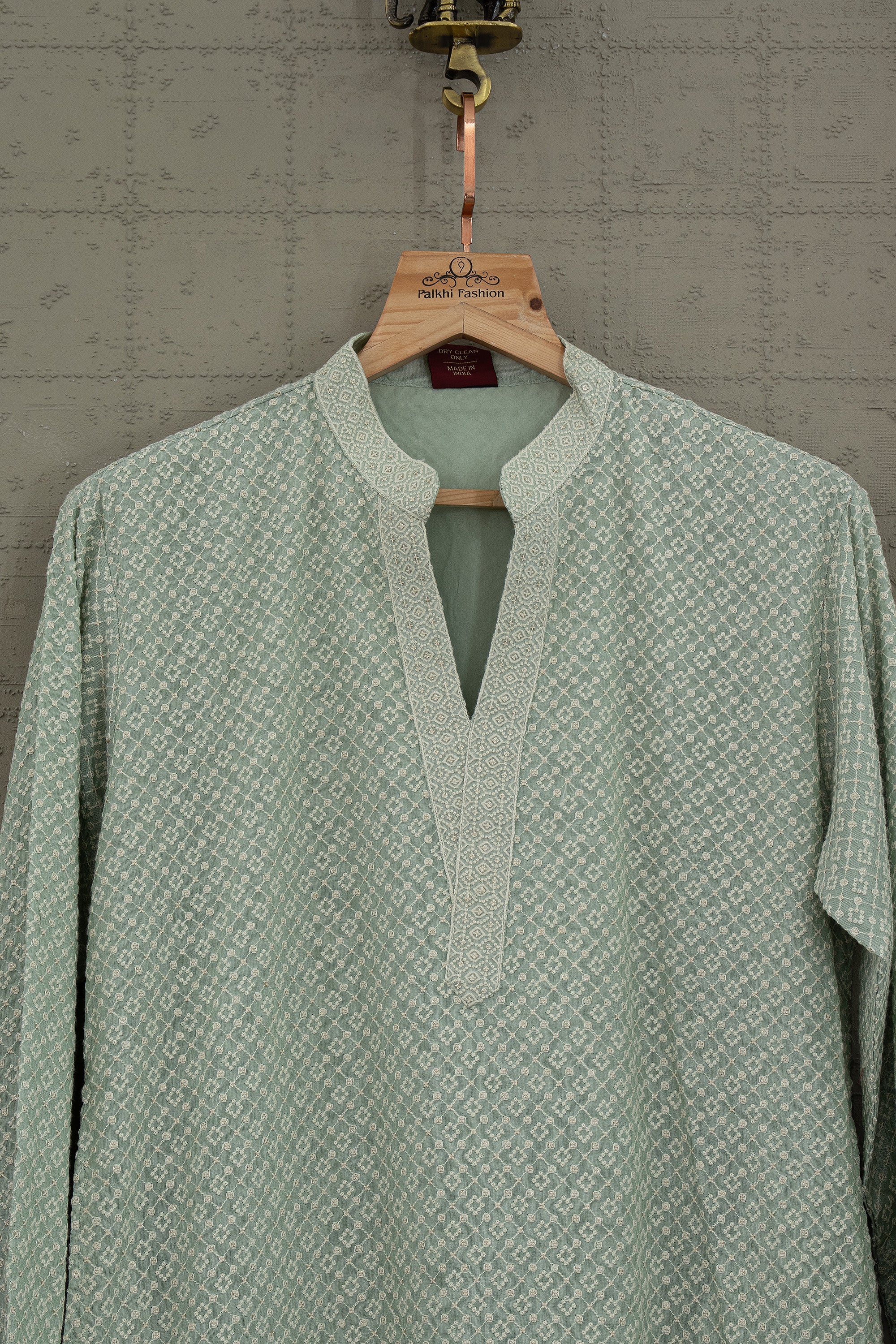 Sage Elegance | Pastel Green Tissue Silk Chikankari Kurta Set | Palkhi Fashion