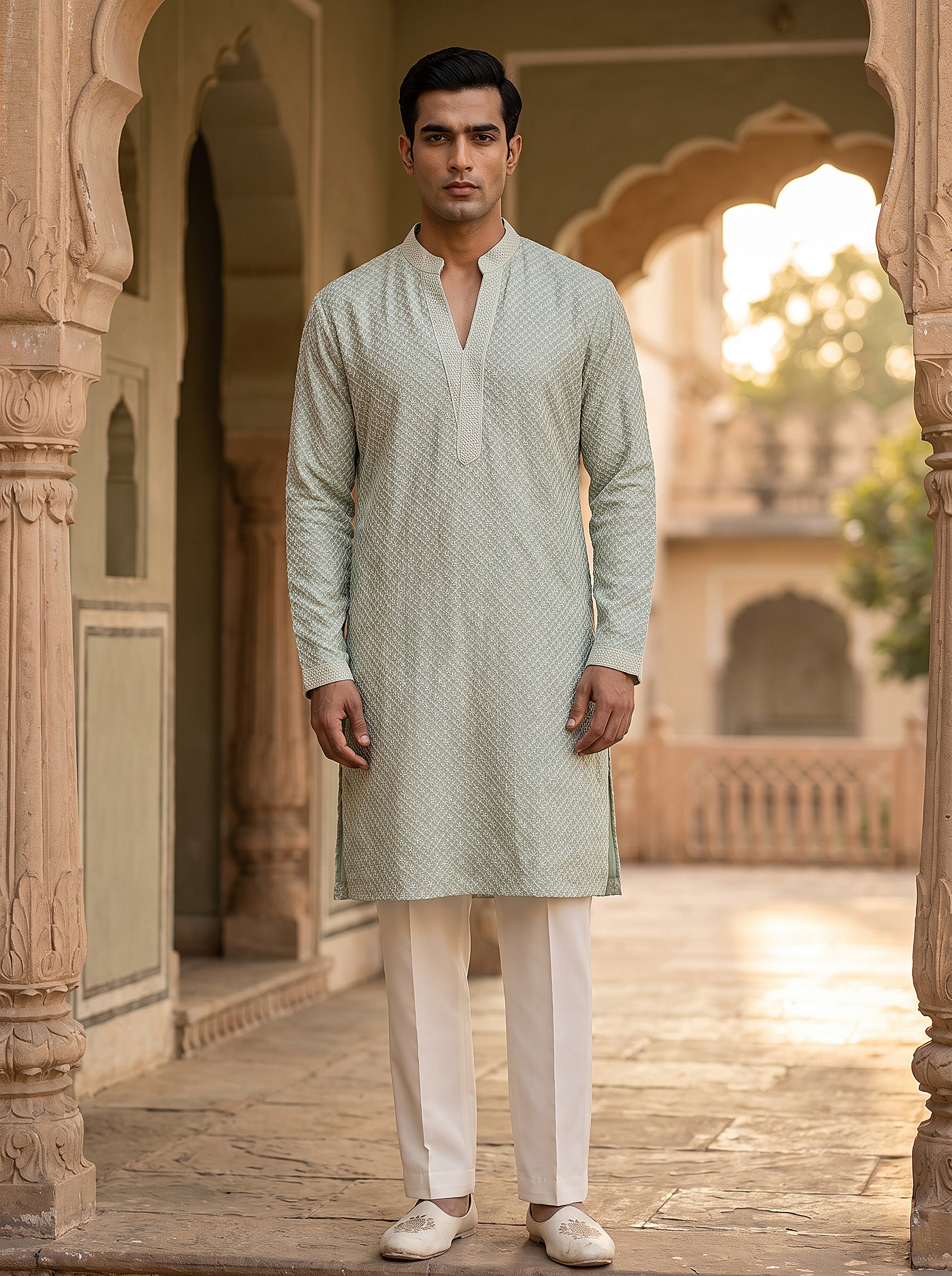 Sage Elegance | Pastel Green Tissue Silk Chikankari Kurta Set | Palkhi Fashion