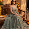 Ethereal Glow | Sage Green Crushed Tissue Silk Anarkali with Mirror Handwork | Palkhi Fashion