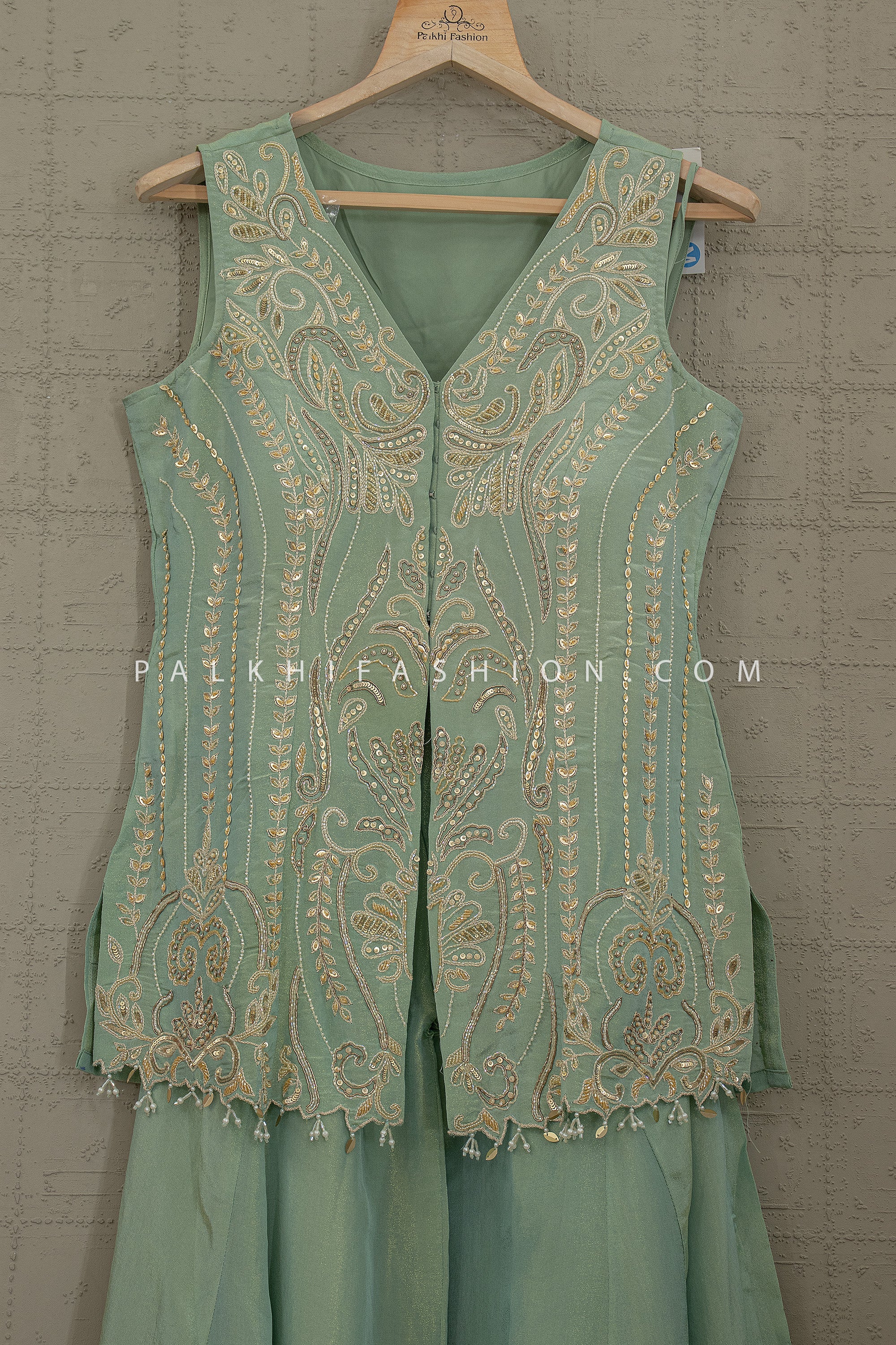 Sage Luxe Edit – Soft Green Embroidered Palazzo Suit Set – Palkhi Fashion - Palkhi Fashion