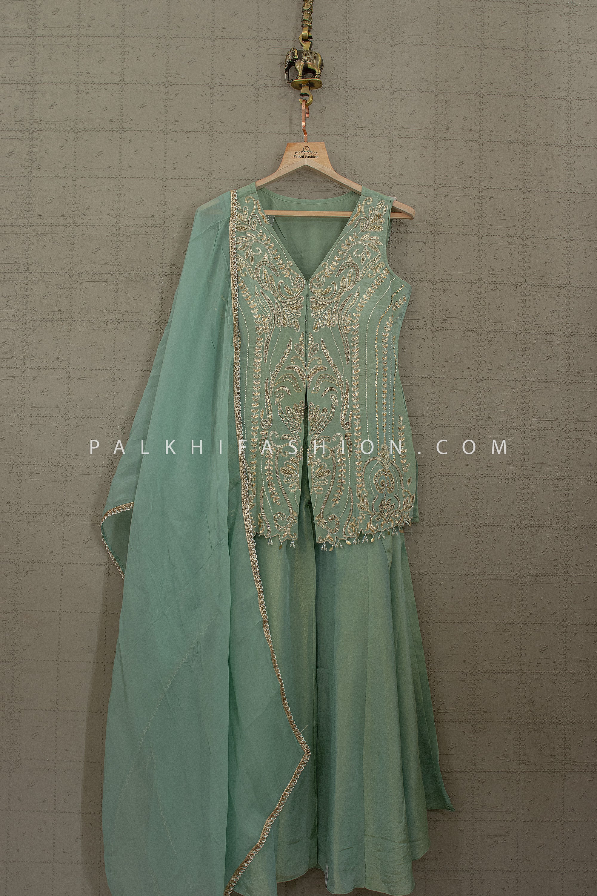 Sage Luxe Edit – Soft Green Embroidered Palazzo Suit Set – Palkhi Fashion - Palkhi Fashion