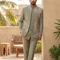 Majestic Foliage | Muted Sage-Olive Designer Indo-Western with Asymmetrical Handwork