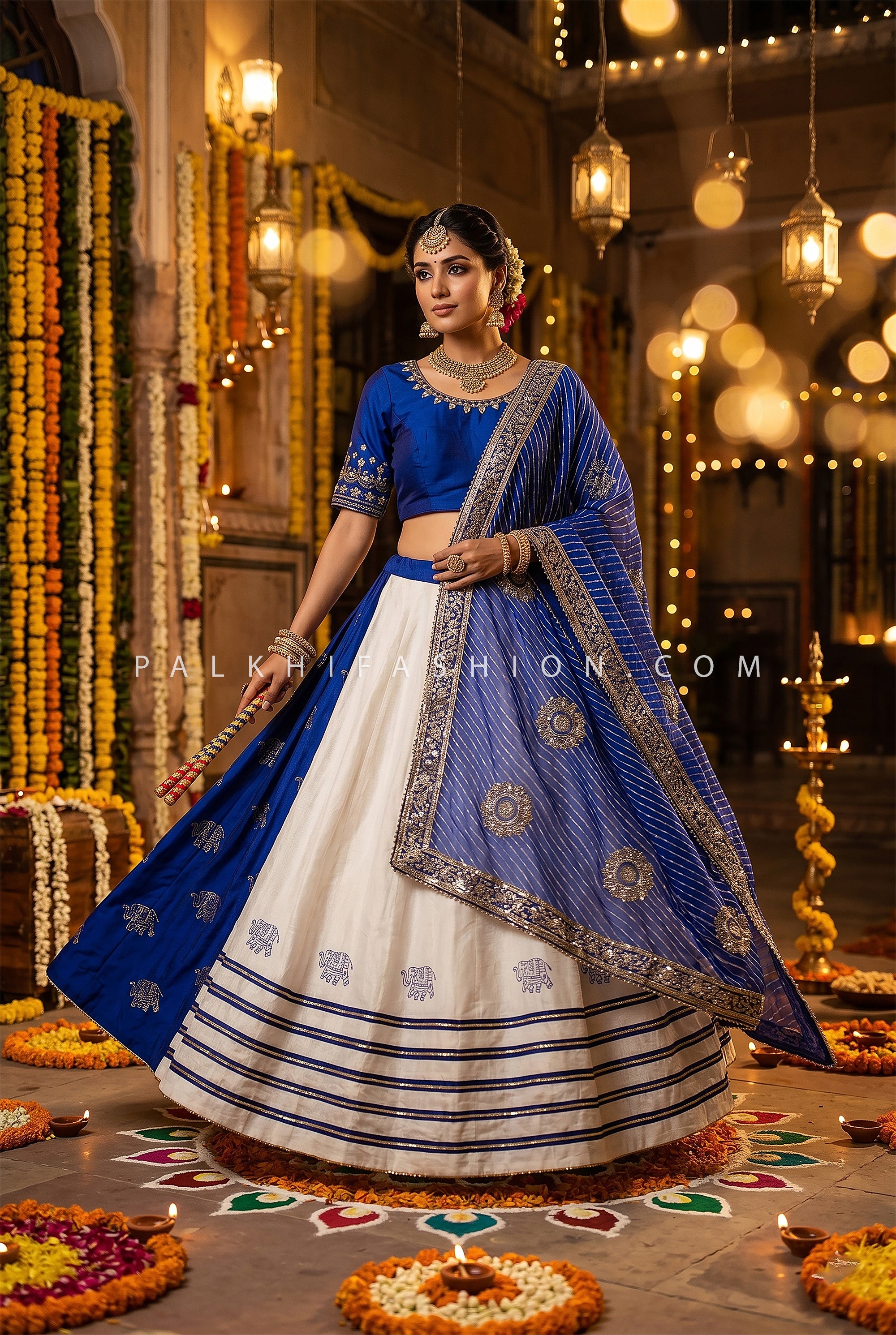 Royal Sapphire Grace – Blue & White Designer Chaniya Choli with Handwork Silk Blouse | Palkhi Fashion