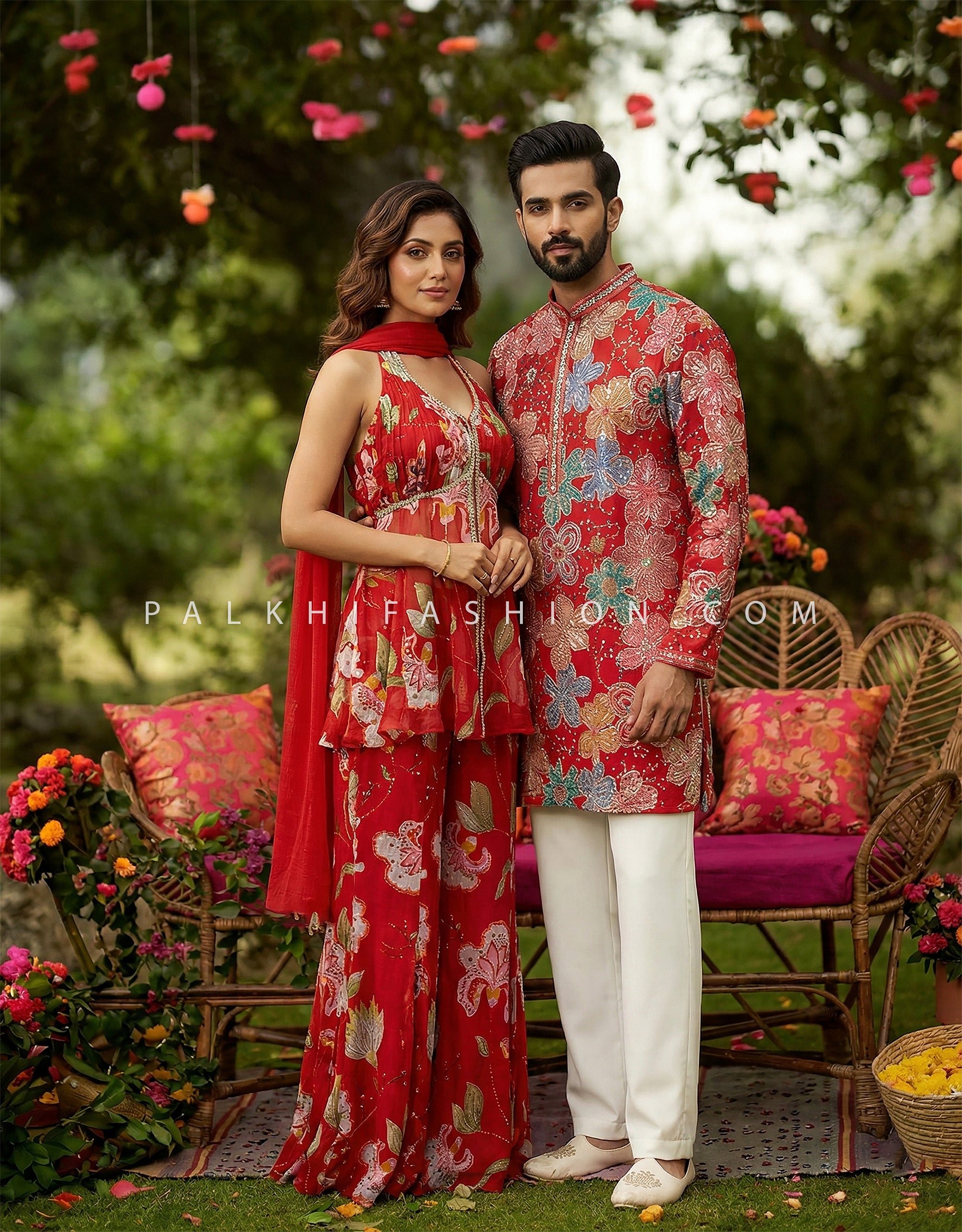 Scarlet Bloom Red Floral Halter Palazzo Set – Designer Indo Fusion | Palkhi Fashion